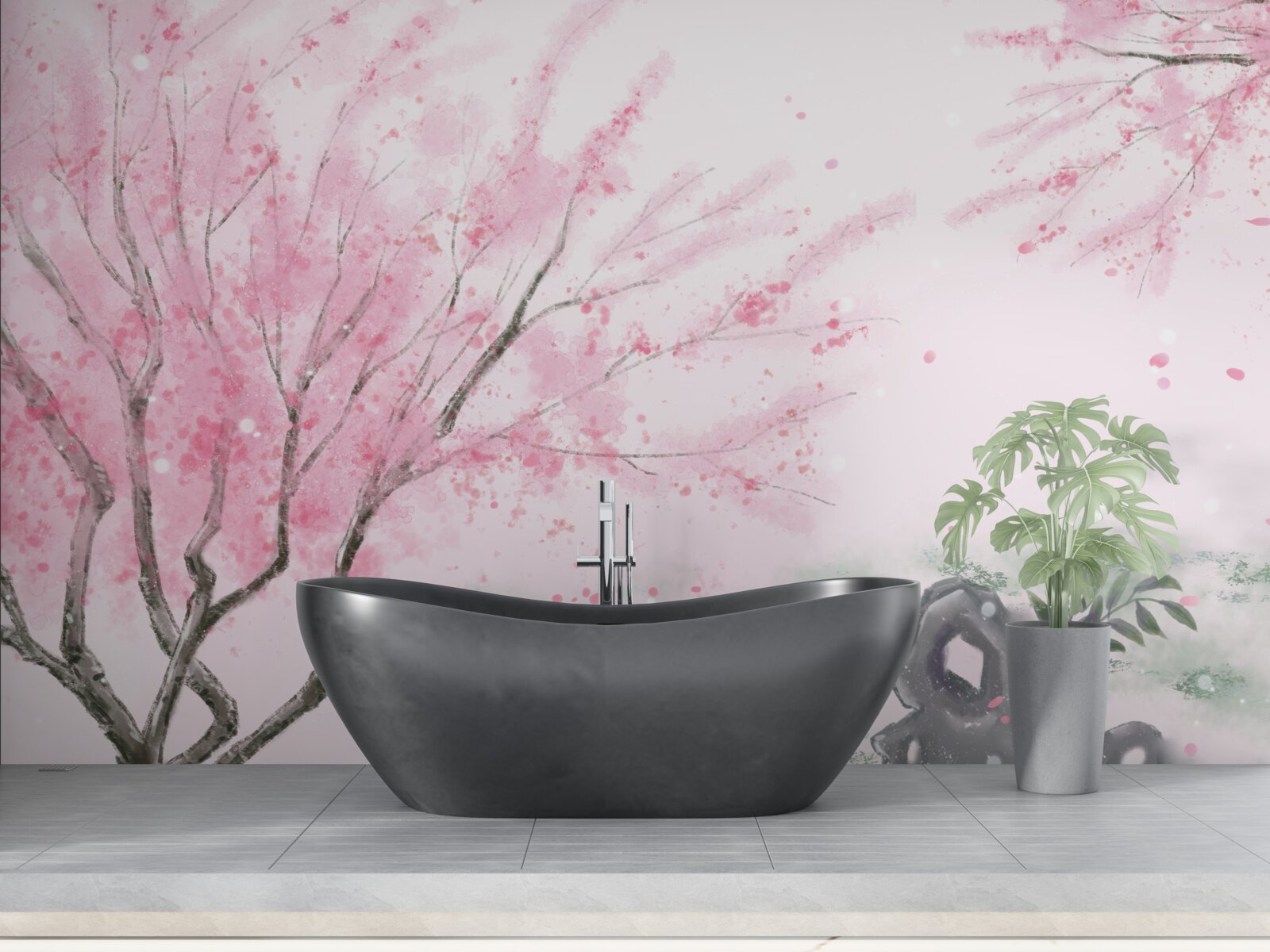 Fototapeta sakura w pobliżu stawu jest pomalowana na różowo