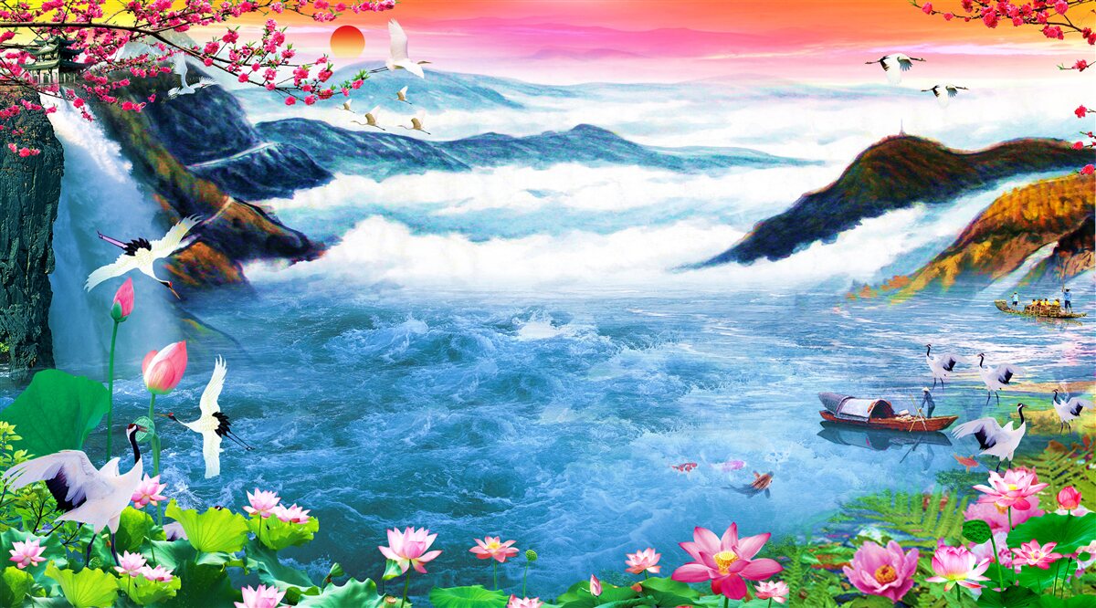 Fototapeta o zachodzie słońca u podnóża górskiego wodospadu są rybacy