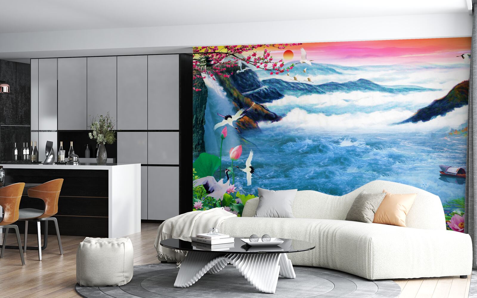 Fototapeta o zachodzie słońca u podnóża górskiego wodospadu są rybacy