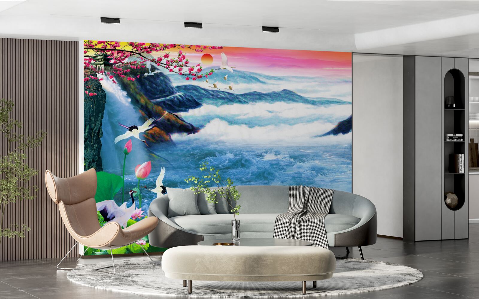 Fototapeta o zachodzie słońca u podnóża górskiego wodospadu są rybacy