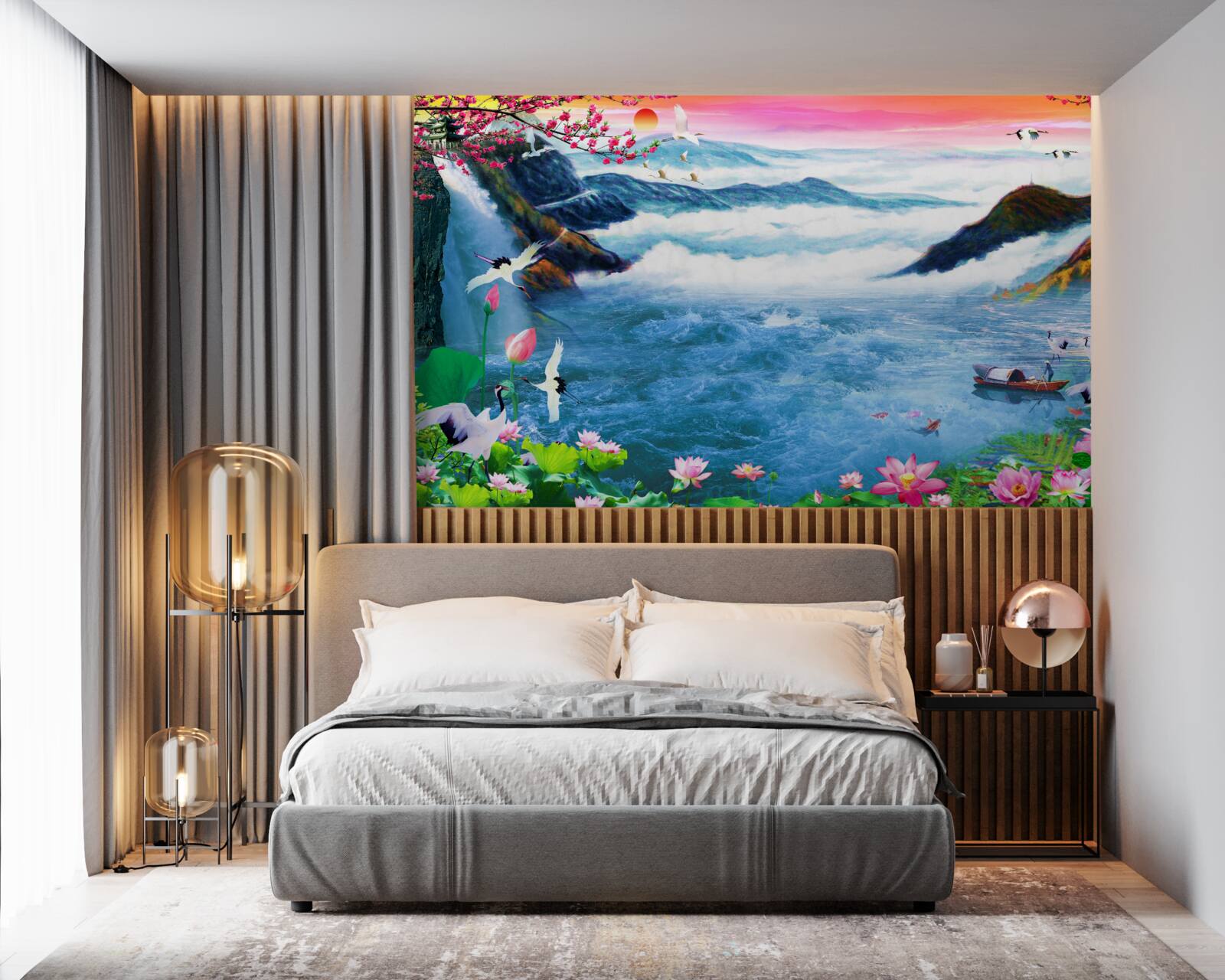 Fototapeta o zachodzie słońca u podnóża górskiego wodospadu są rybacy