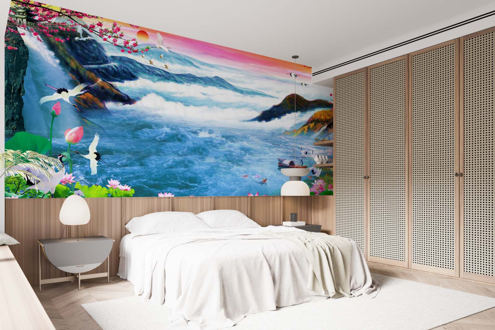 Fototapeta o zachodzie słońca u podnóża górskiego wodospadu są rybacy