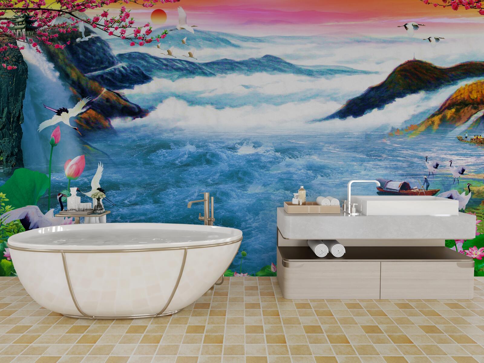 Fototapeta o zachodzie słońca u podnóża górskiego wodospadu są rybacy