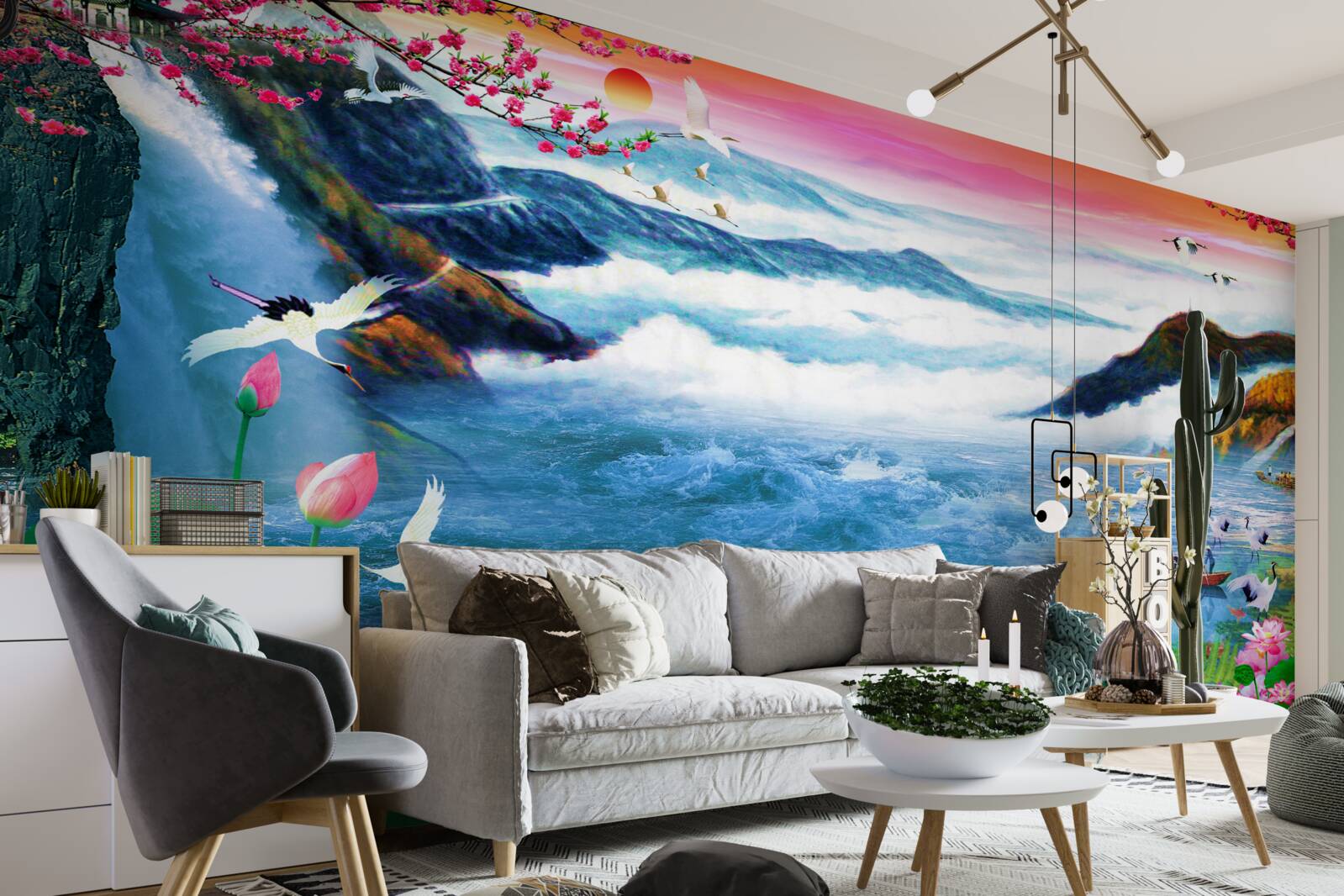 Fototapeta o zachodzie słońca u podnóża górskiego wodospadu są rybacy