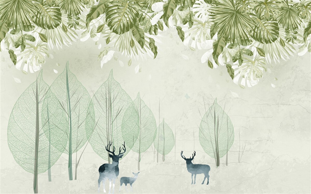 Fototapeta rodzina jeleni wędruje przez mglisty zielony las