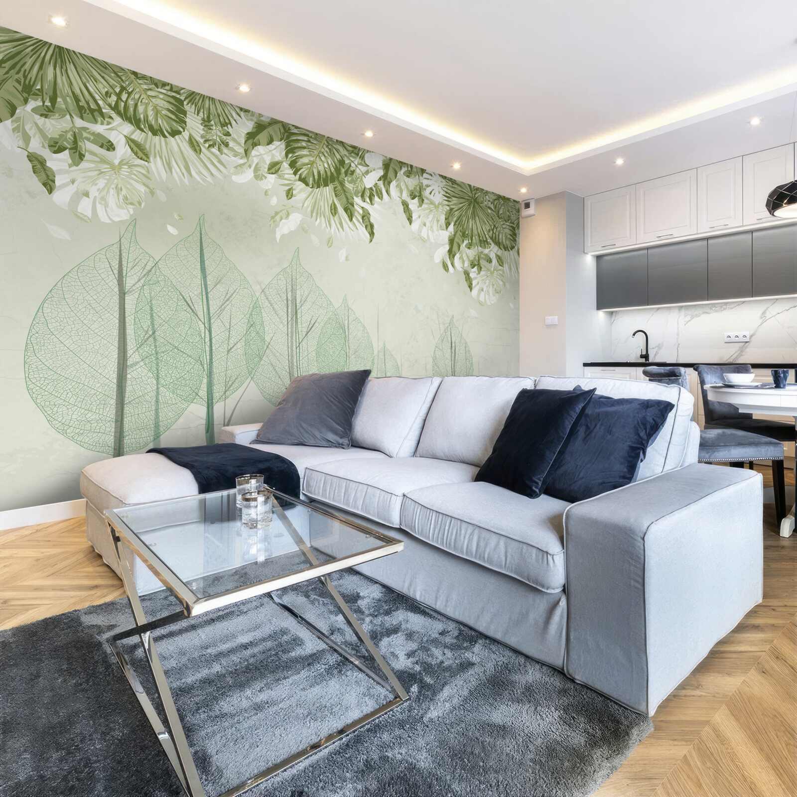 Fototapeta rodzina jeleni wędruje przez mglisty zielony las