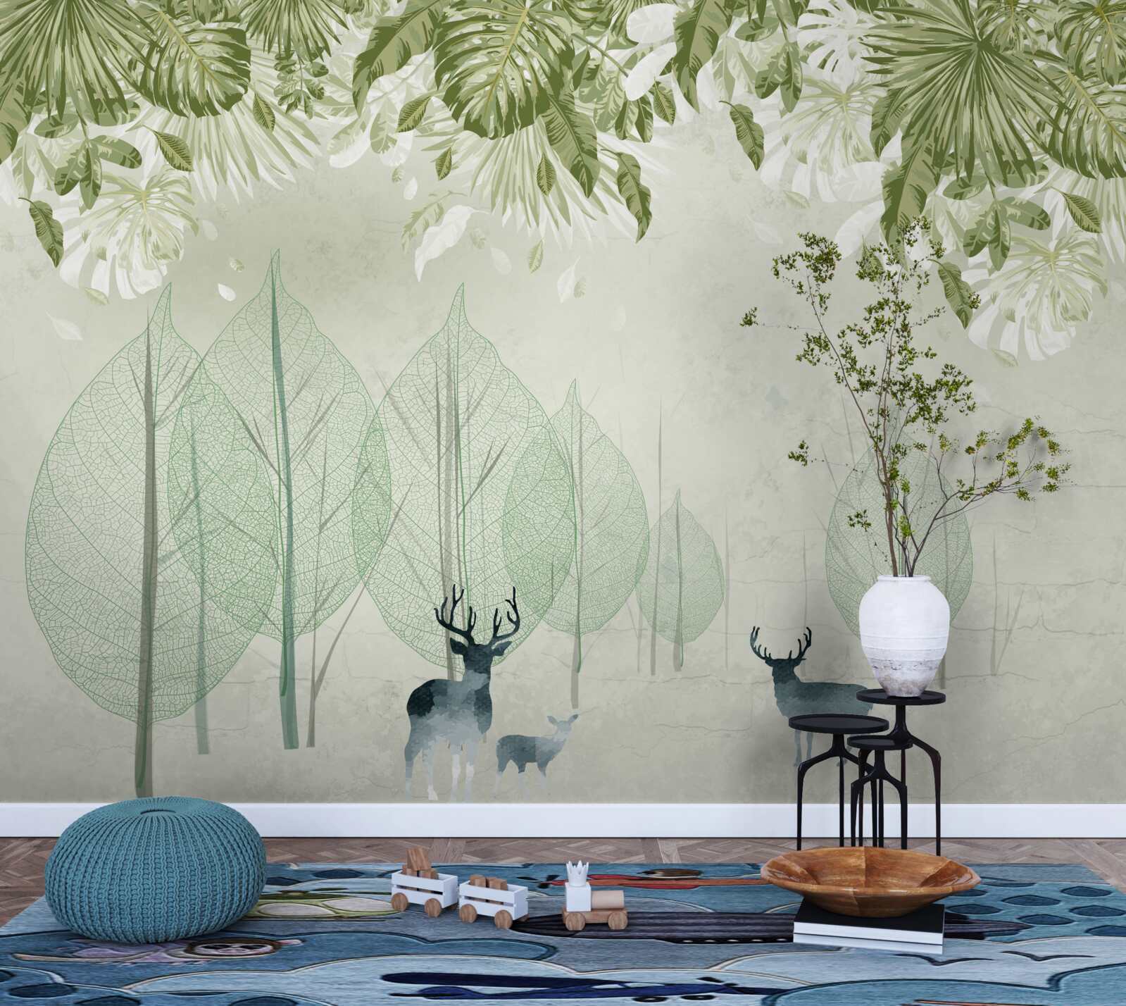 Fototapeta rodzina jeleni wędruje przez mglisty zielony las