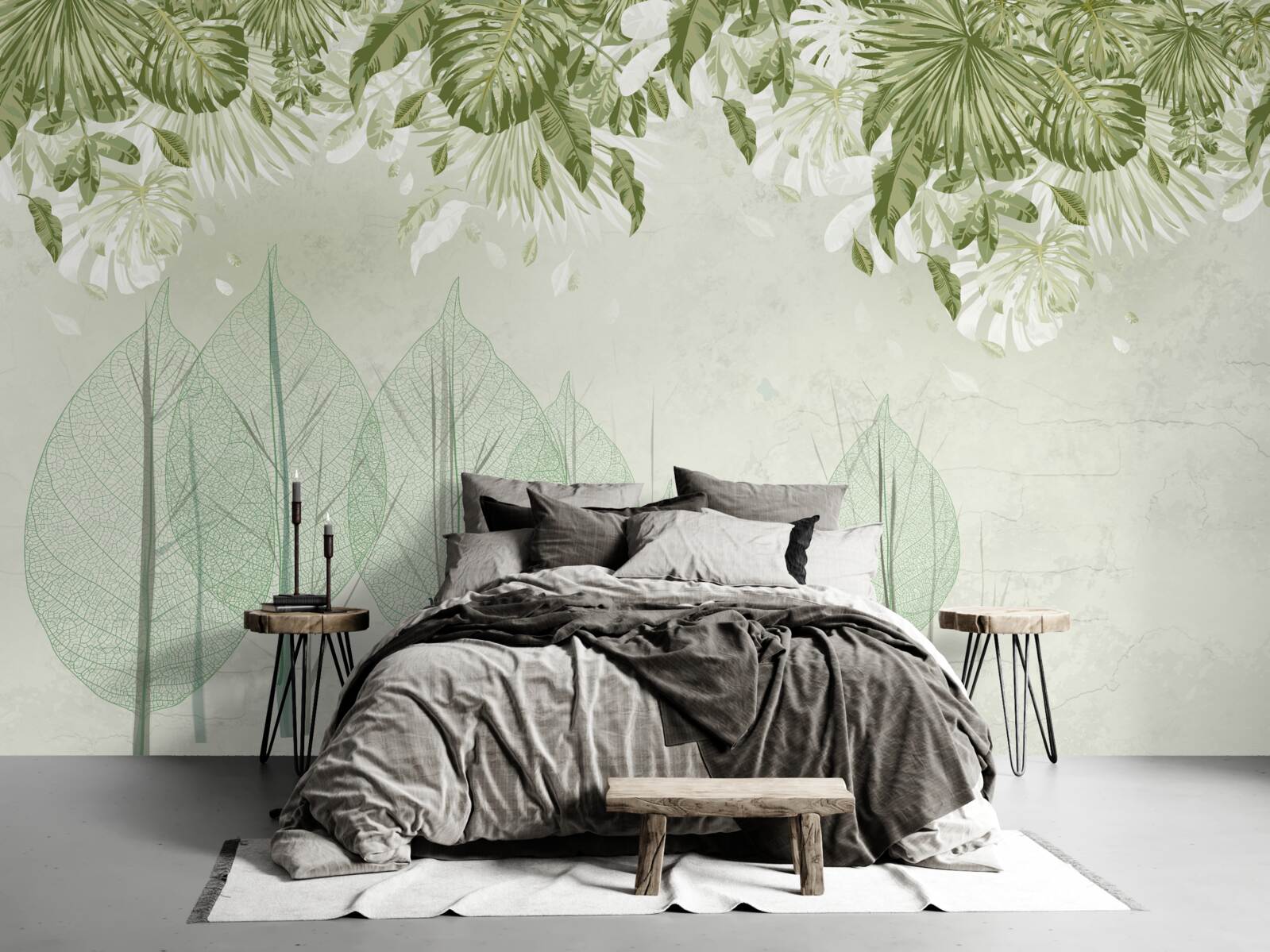 Fototapeta rodzina jeleni wędruje przez mglisty zielony las