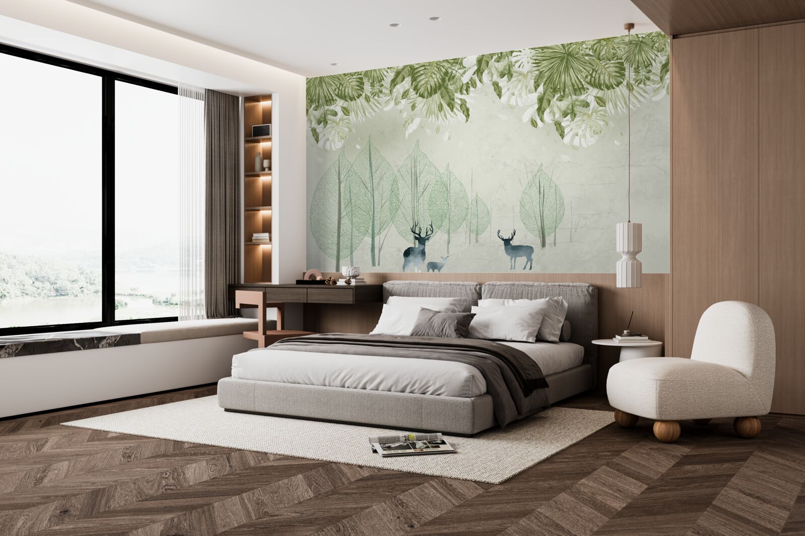 Fototapeta rodzina jeleni wędruje przez mglisty zielony las