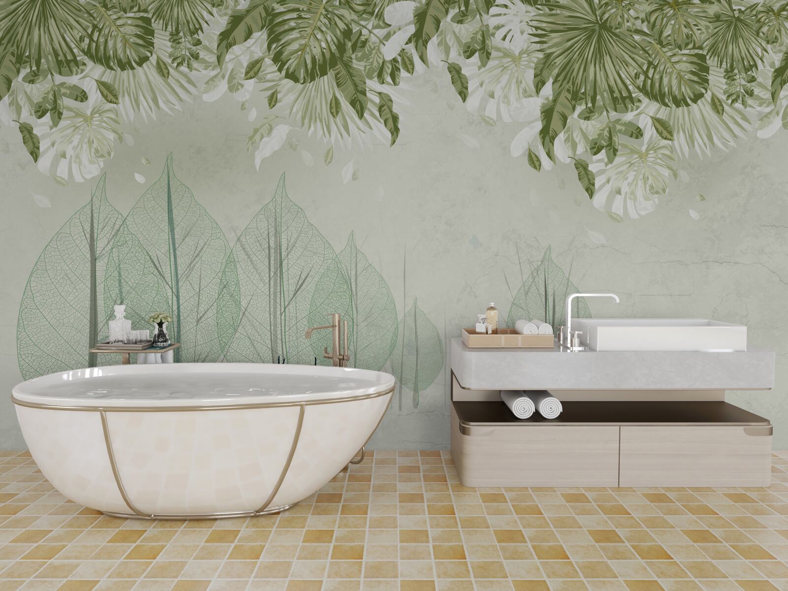 Fototapeta rodzina jeleni wędruje przez mglisty zielony las