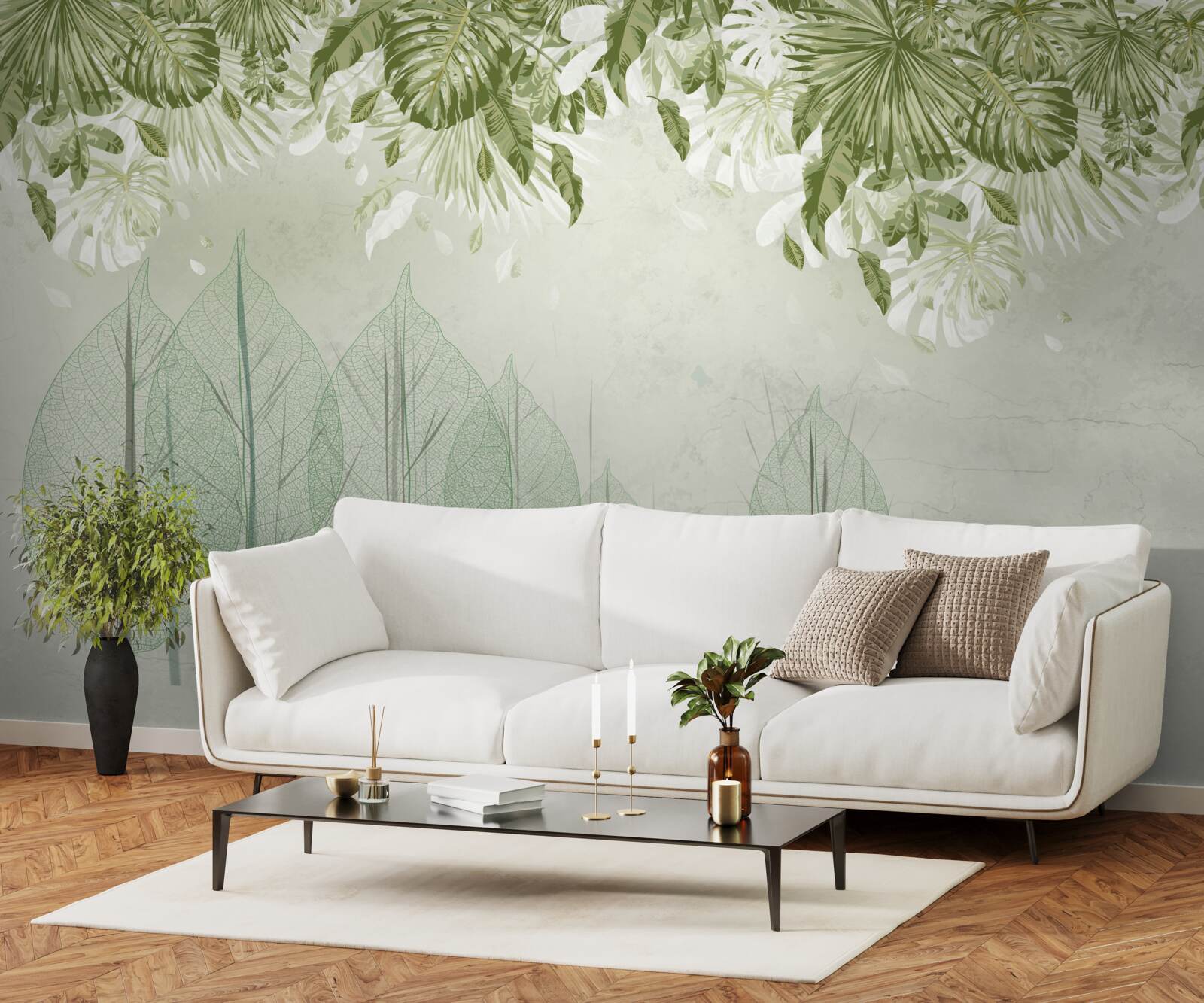 Fototapeta rodzina jeleni wędruje przez mglisty zielony las