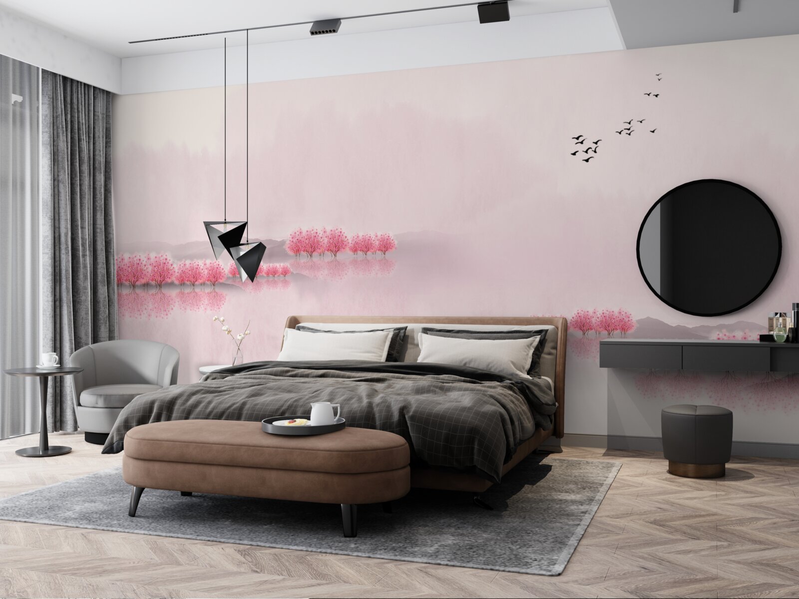 Fototapeta spokojne stawy i różowe brzegi lasów