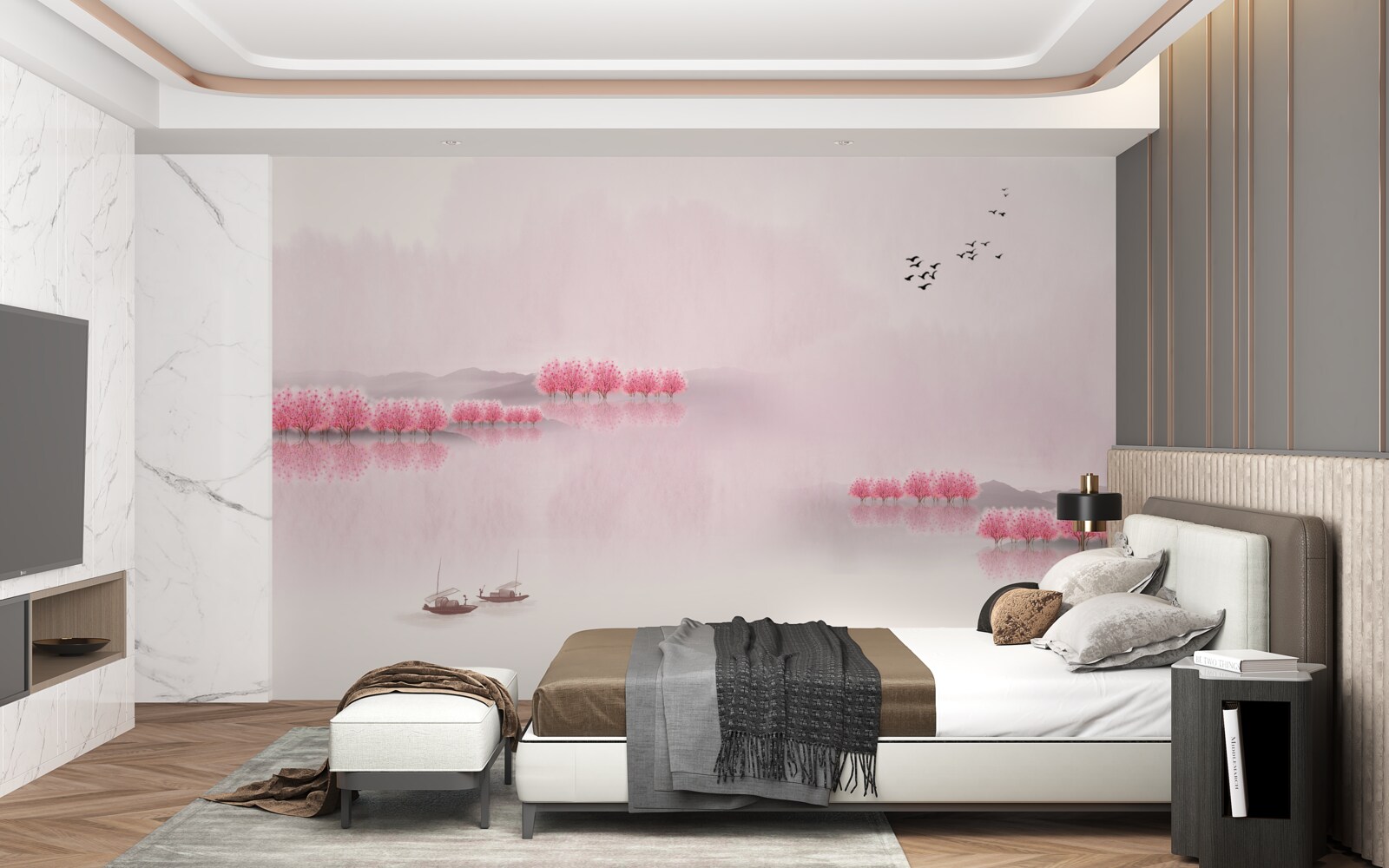 Fototapeta spokojne stawy i różowe brzegi lasów