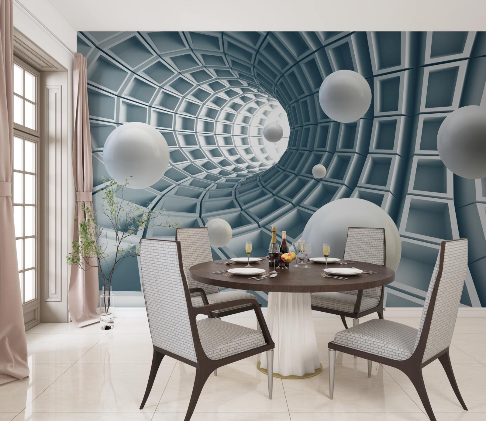 Fototapeta lazurowy tunel z balonami płynnie unoszącymi się w powietrzu