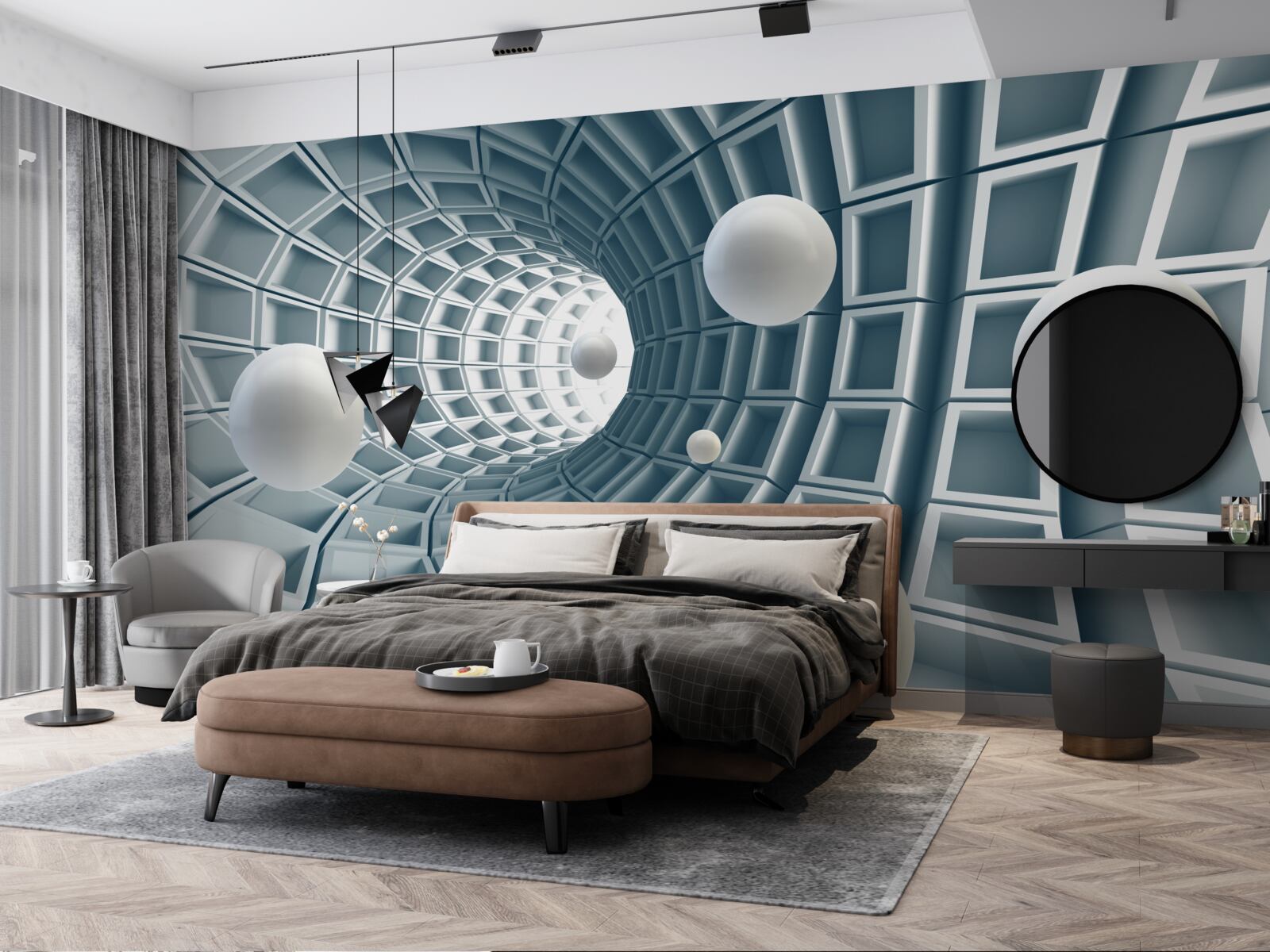 Fototapeta lazurowy tunel z balonami płynnie unoszącymi się w powietrzu