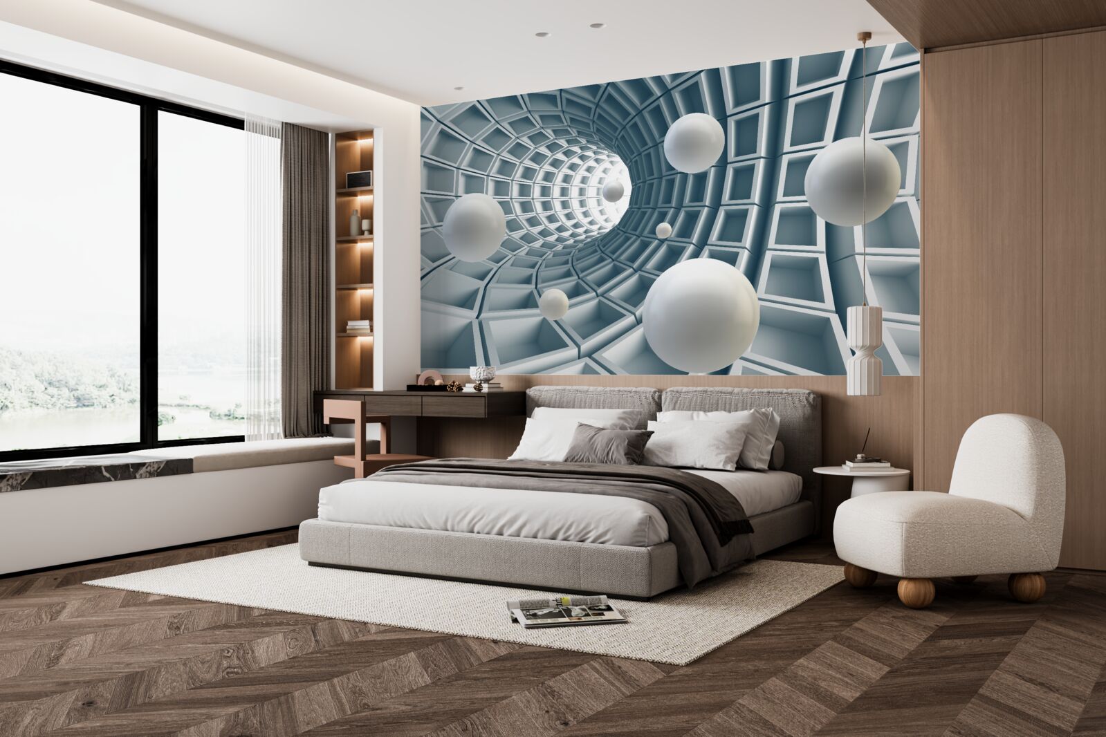 Fototapeta lazurowy tunel z balonami płynnie unoszącymi się w powietrzu