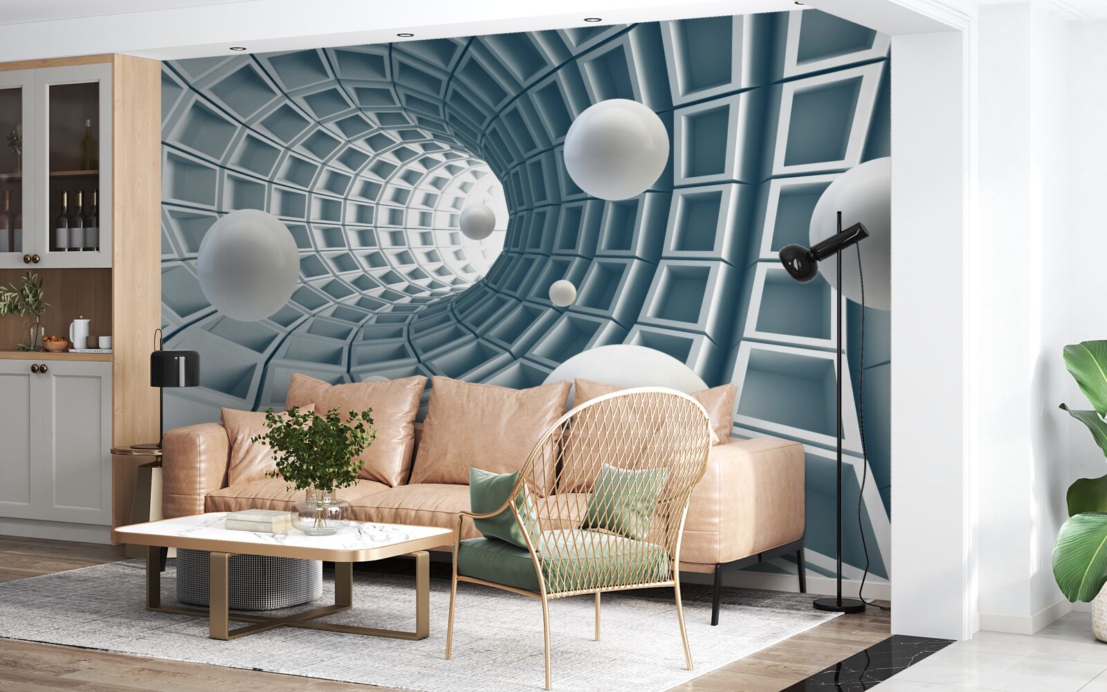 Fototapeta lazurowy tunel z balonami płynnie unoszącymi się w powietrzu