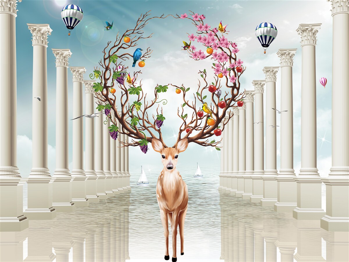 Fototapeta Śnieżnobiała kolumnada i jeleń z niezwykłym, abstrakcyjnym rogiem