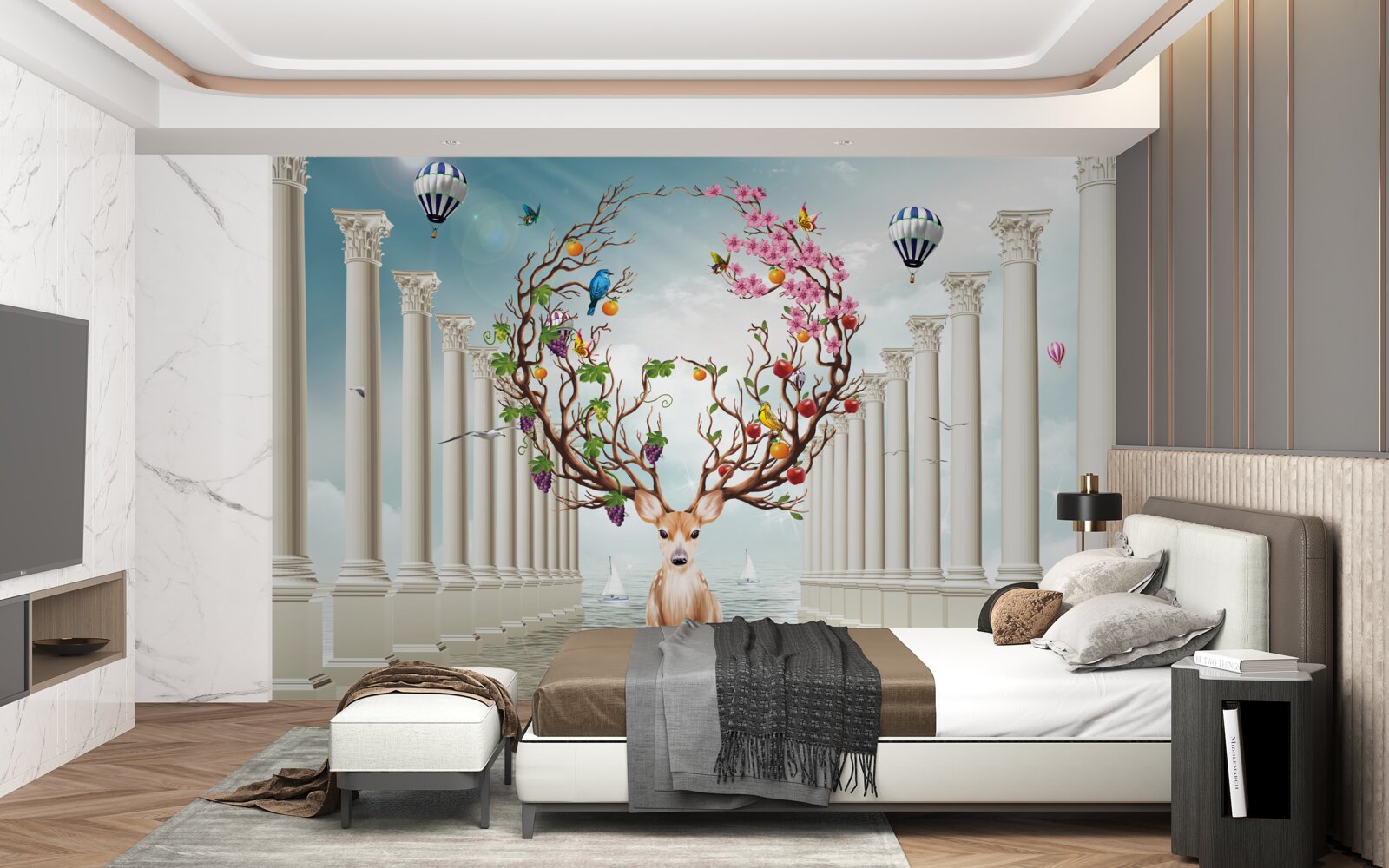 Fototapeta Śnieżnobiała kolumnada i jeleń z niezwykłym, abstrakcyjnym rogiem