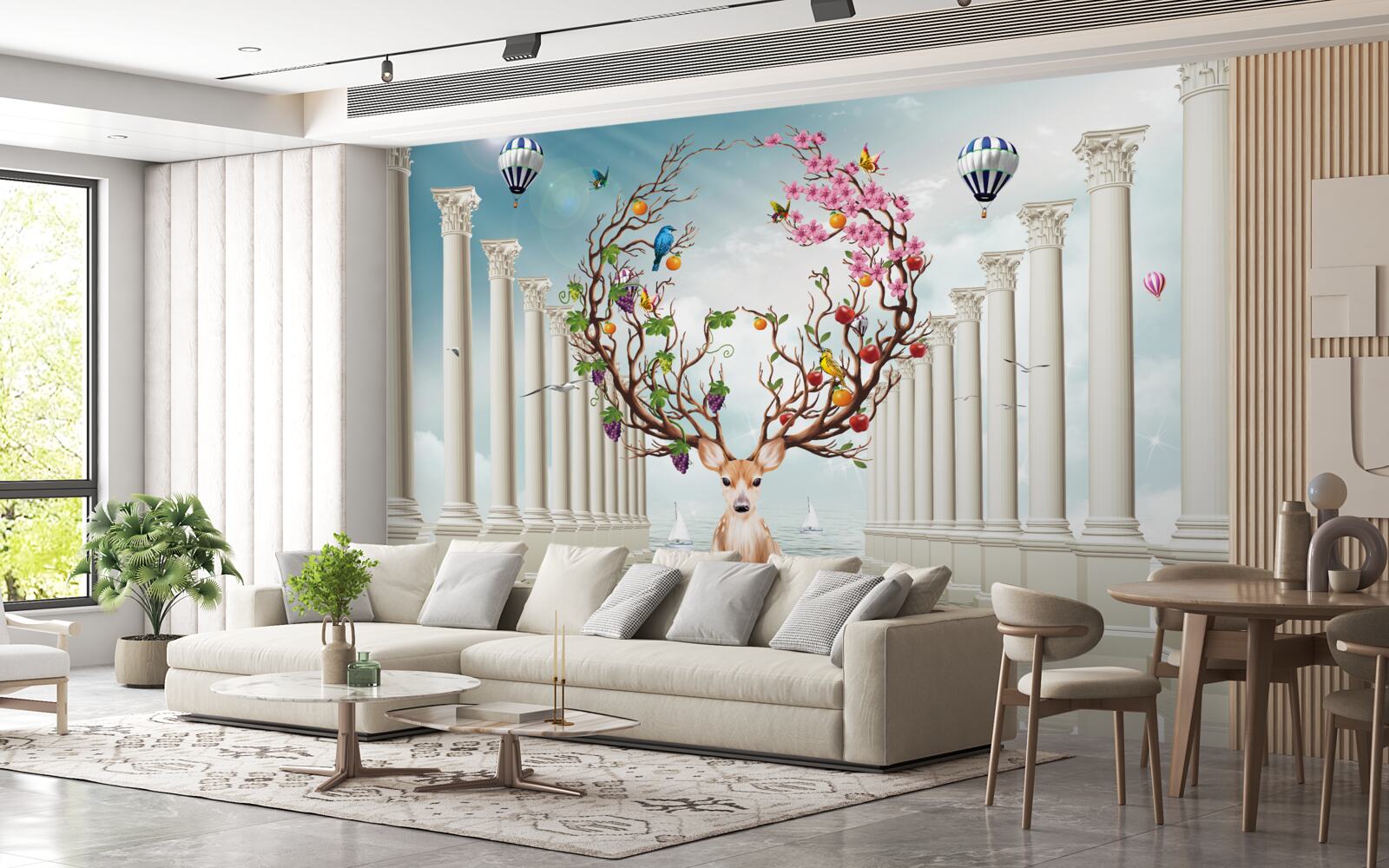 Fototapeta Śnieżnobiała kolumnada i jeleń z niezwykłym, abstrakcyjnym rogiem