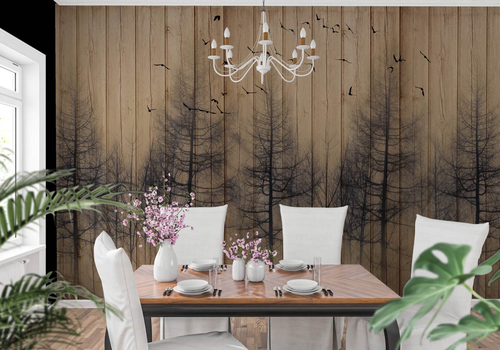 Fototapeta ilustracja na parkiecie przedstawia ptaki latające na niebie