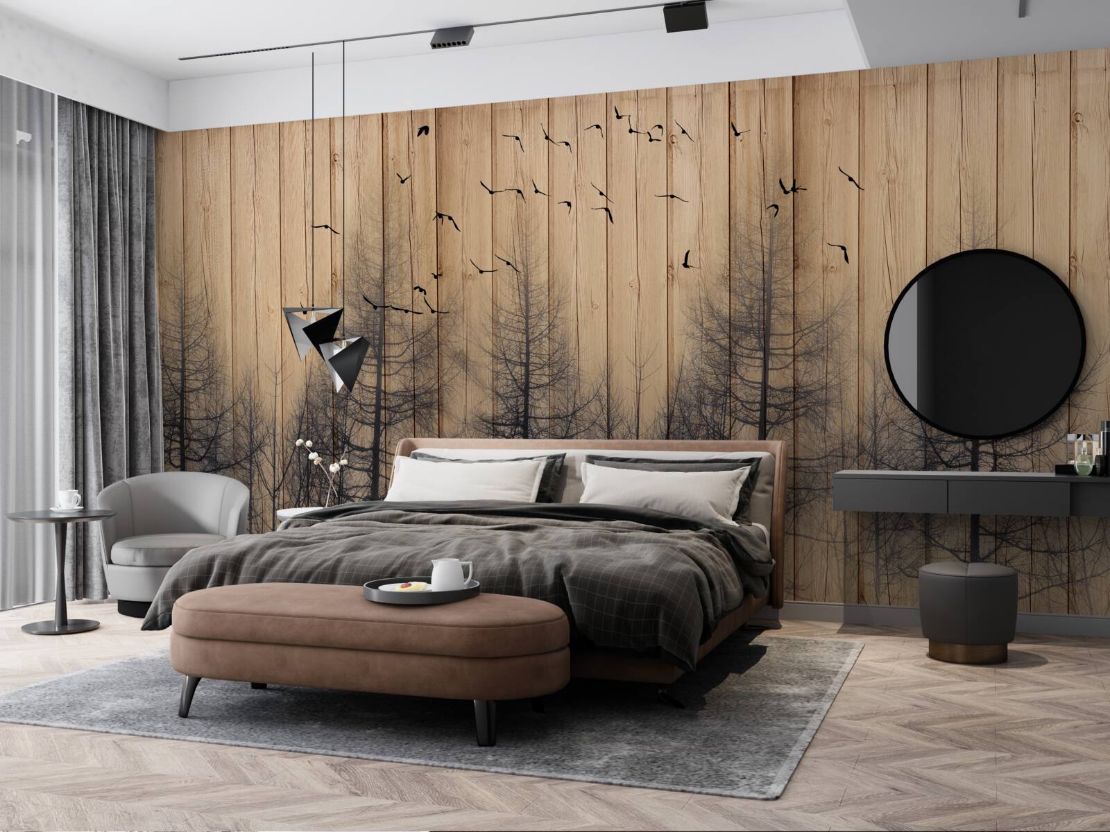 Fototapeta ilustracja na parkiecie przedstawia ptaki latające na niebie