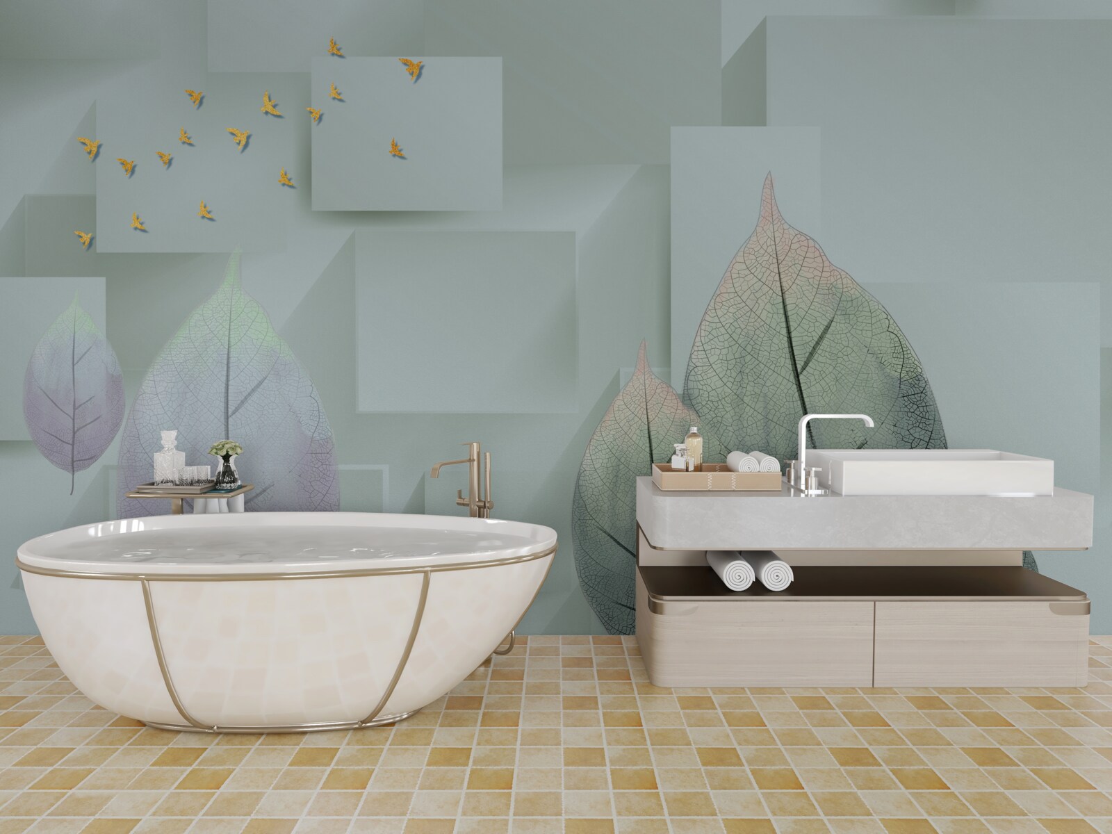 Fototapeta Żółte ptaki i liście