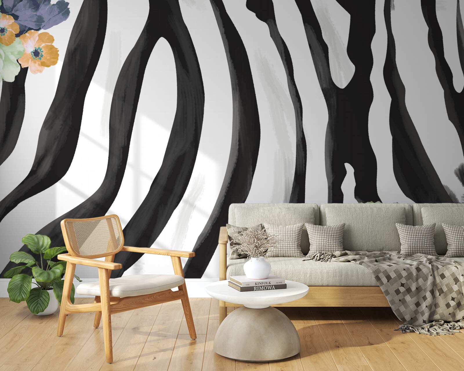 Fototapeta tło z kwiatami na tle w czarno-białe paski