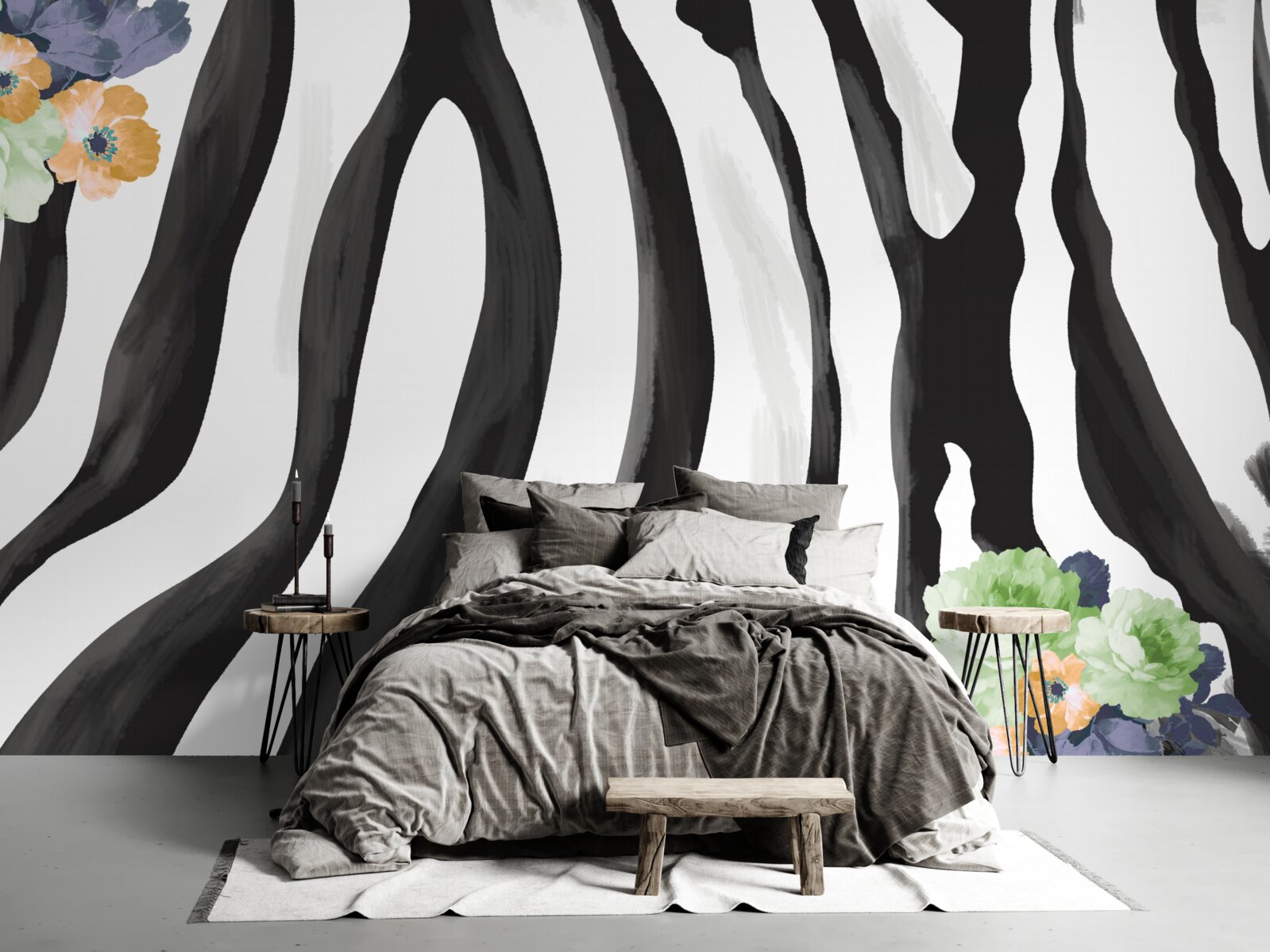 Fototapeta tło z kwiatami na tle w czarno-białe paski