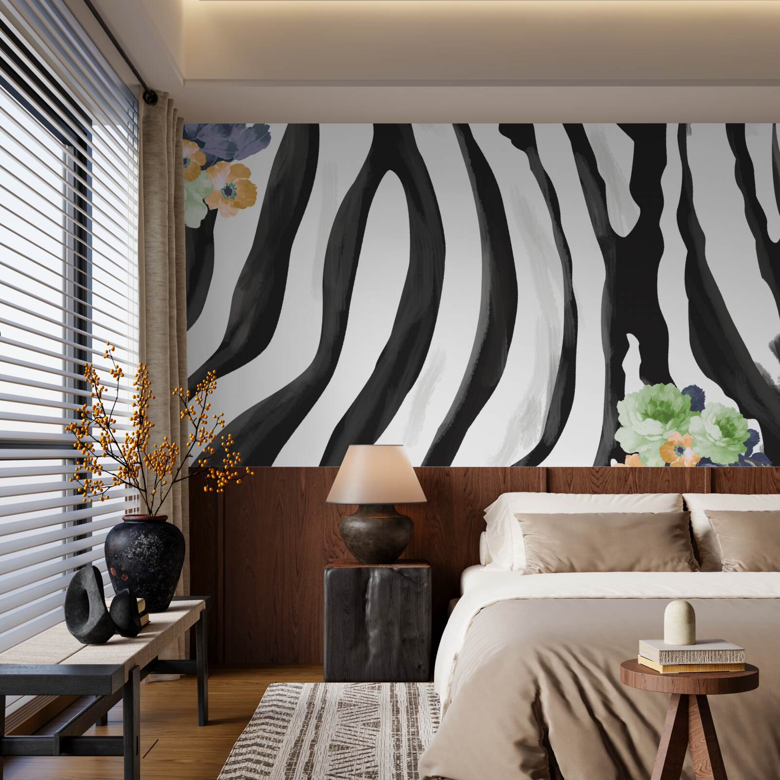 Fototapeta tło z kwiatami na tle w czarno-białe paski