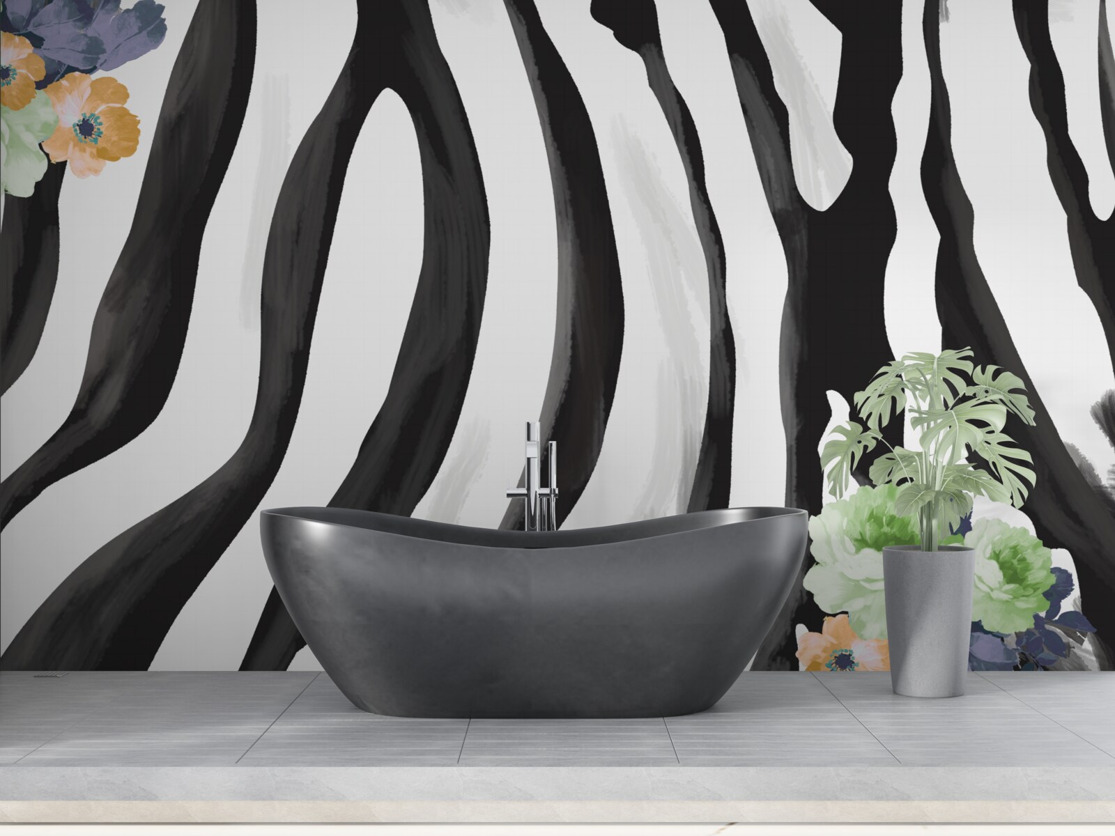 Fototapeta tło z kwiatami na tle w czarno-białe paski