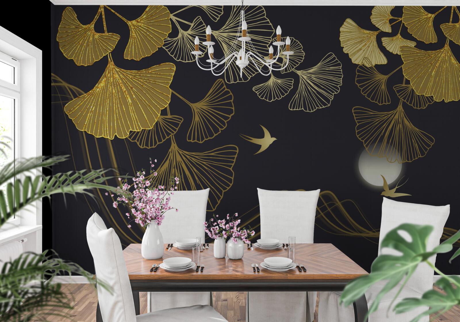 Fototapeta liście w złotych odcieniach i fale morskie