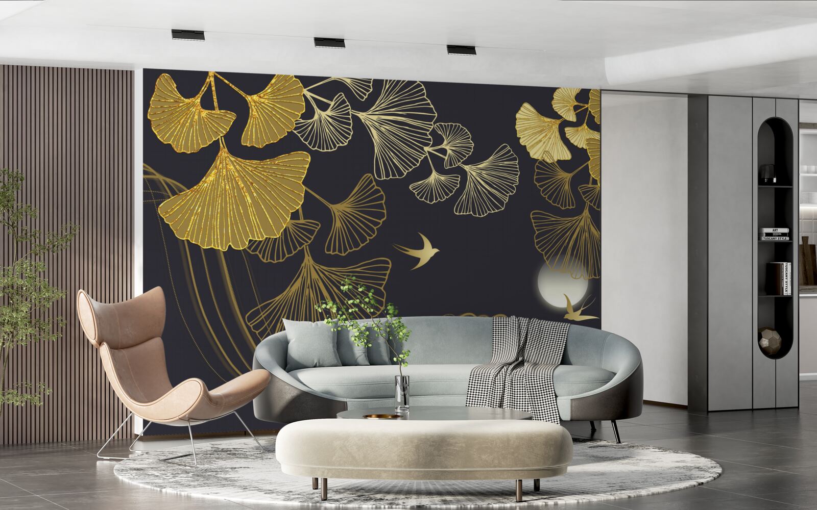 Fototapeta liście w złotych odcieniach i fale morskie