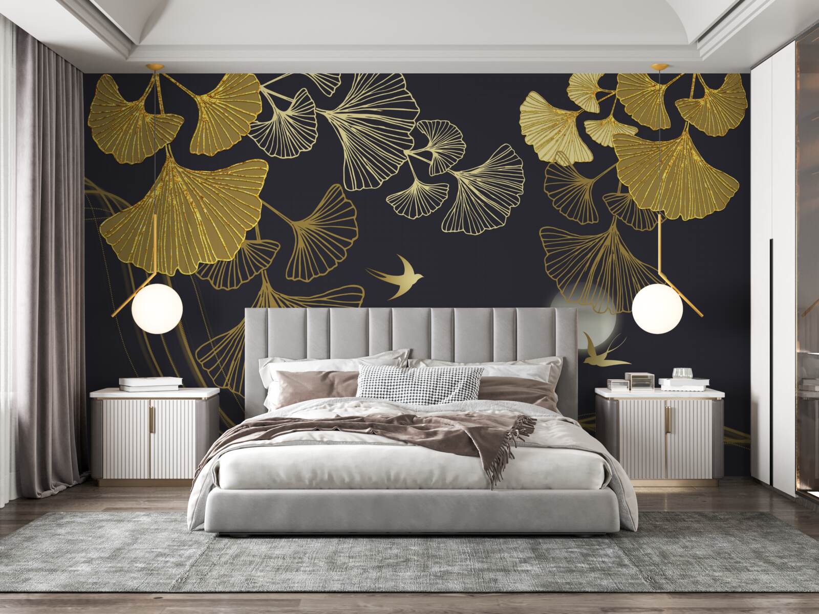 Fototapeta liście w złotych odcieniach i fale morskie