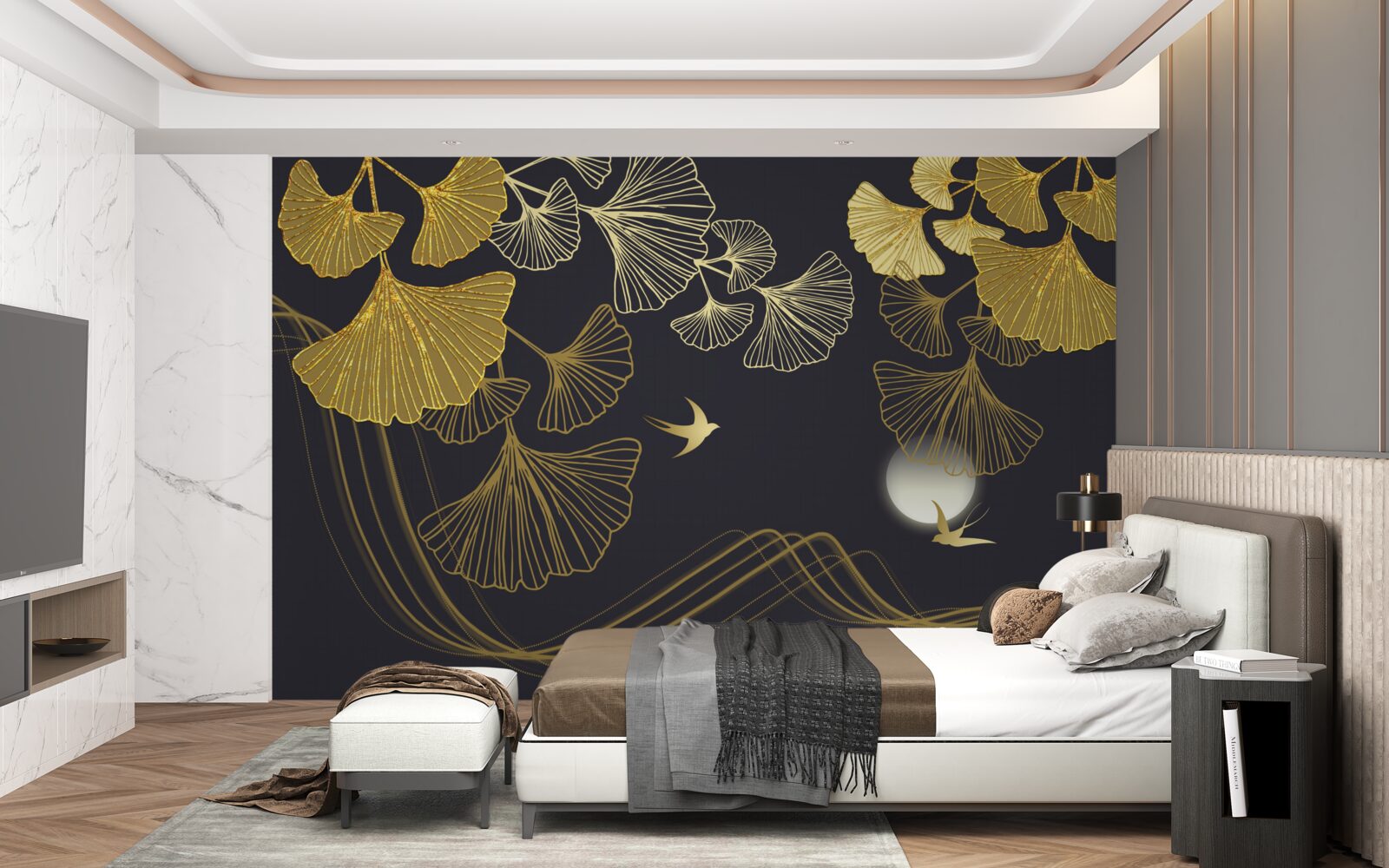 Fototapeta liście w złotych odcieniach i fale morskie