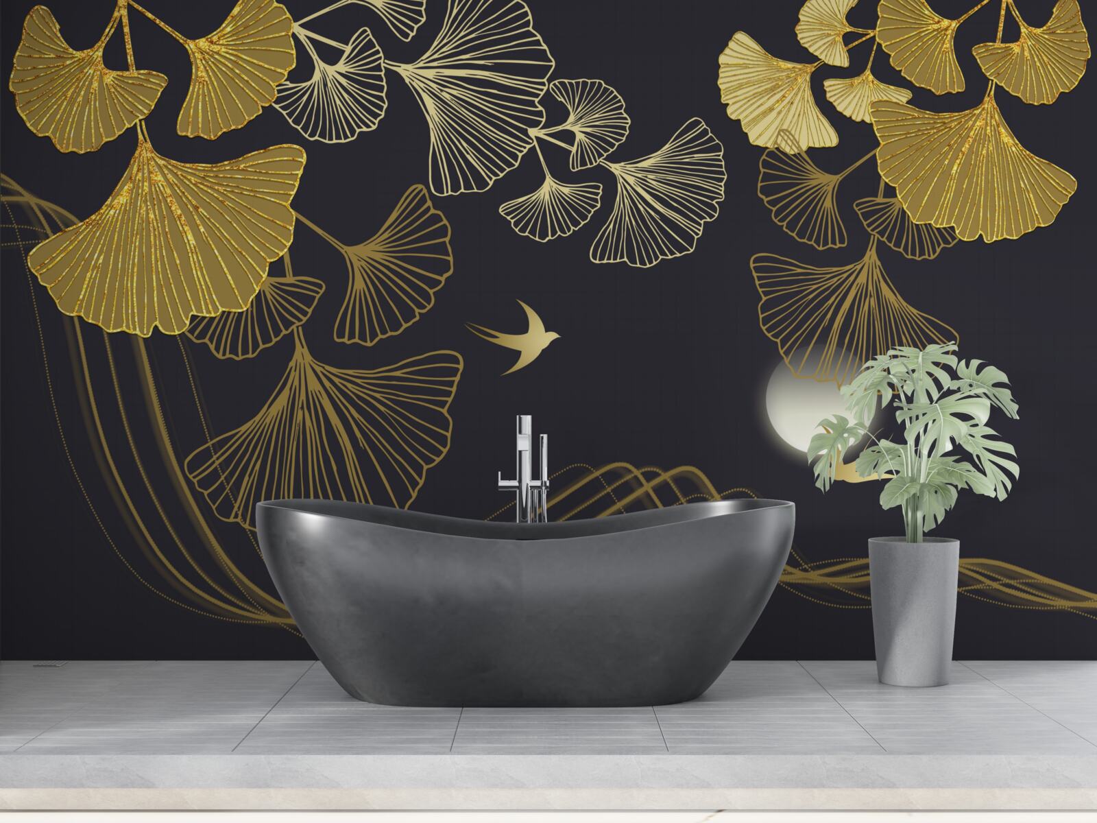 Fototapeta liście w złotych odcieniach i fale morskie