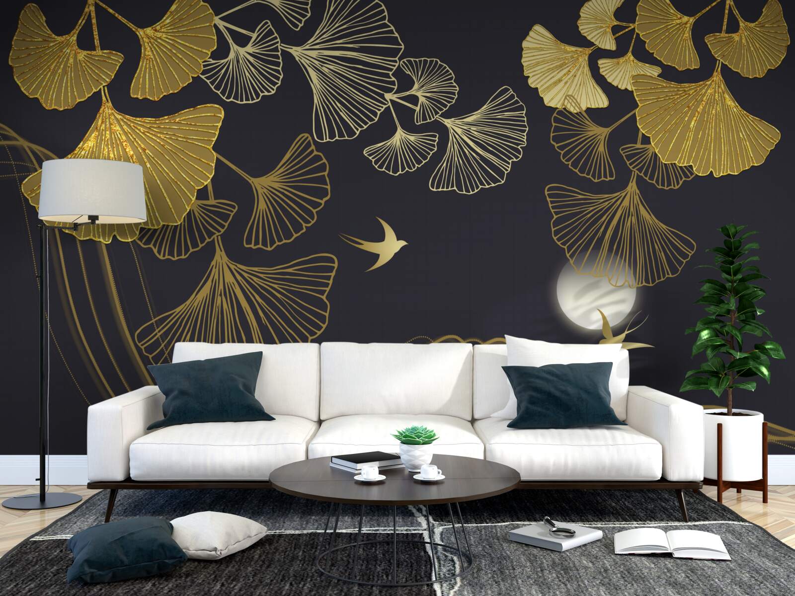 Fototapeta liście w złotych odcieniach i fale morskie