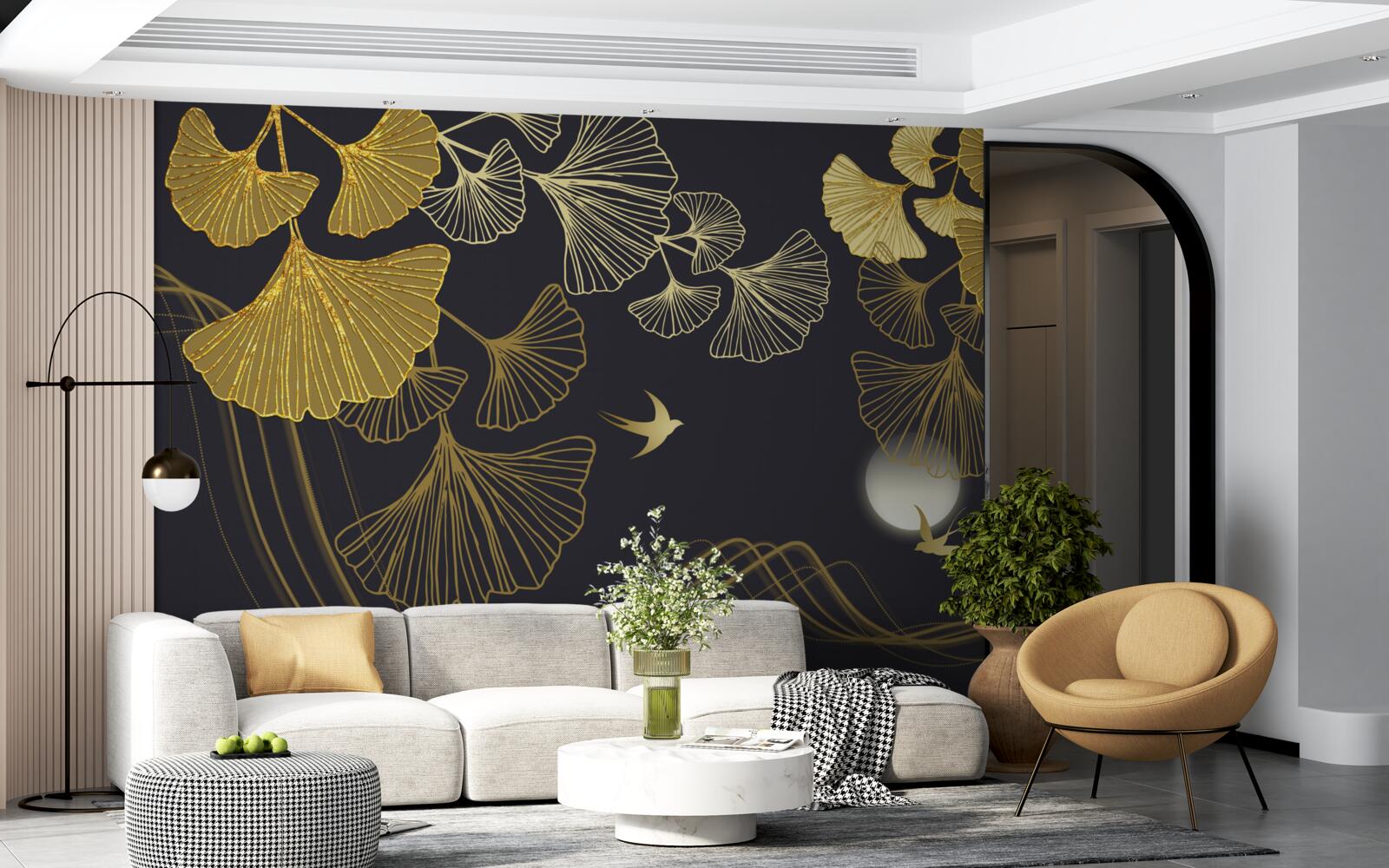 Fototapeta liście w złotych odcieniach i fale morskie