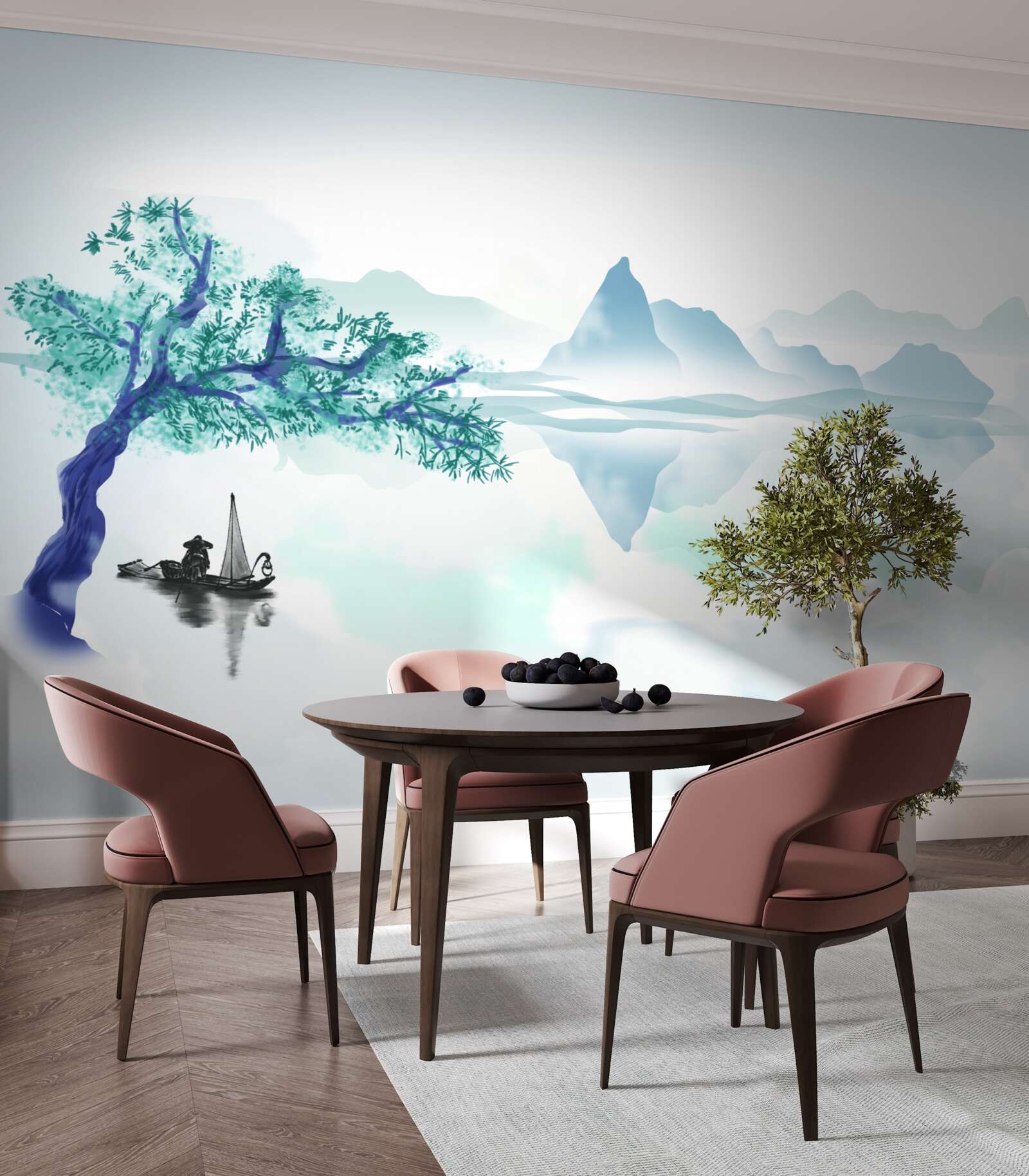 Fototapeta samotny rybak w pobliżu pnia drzewa na brzegu zbiornika