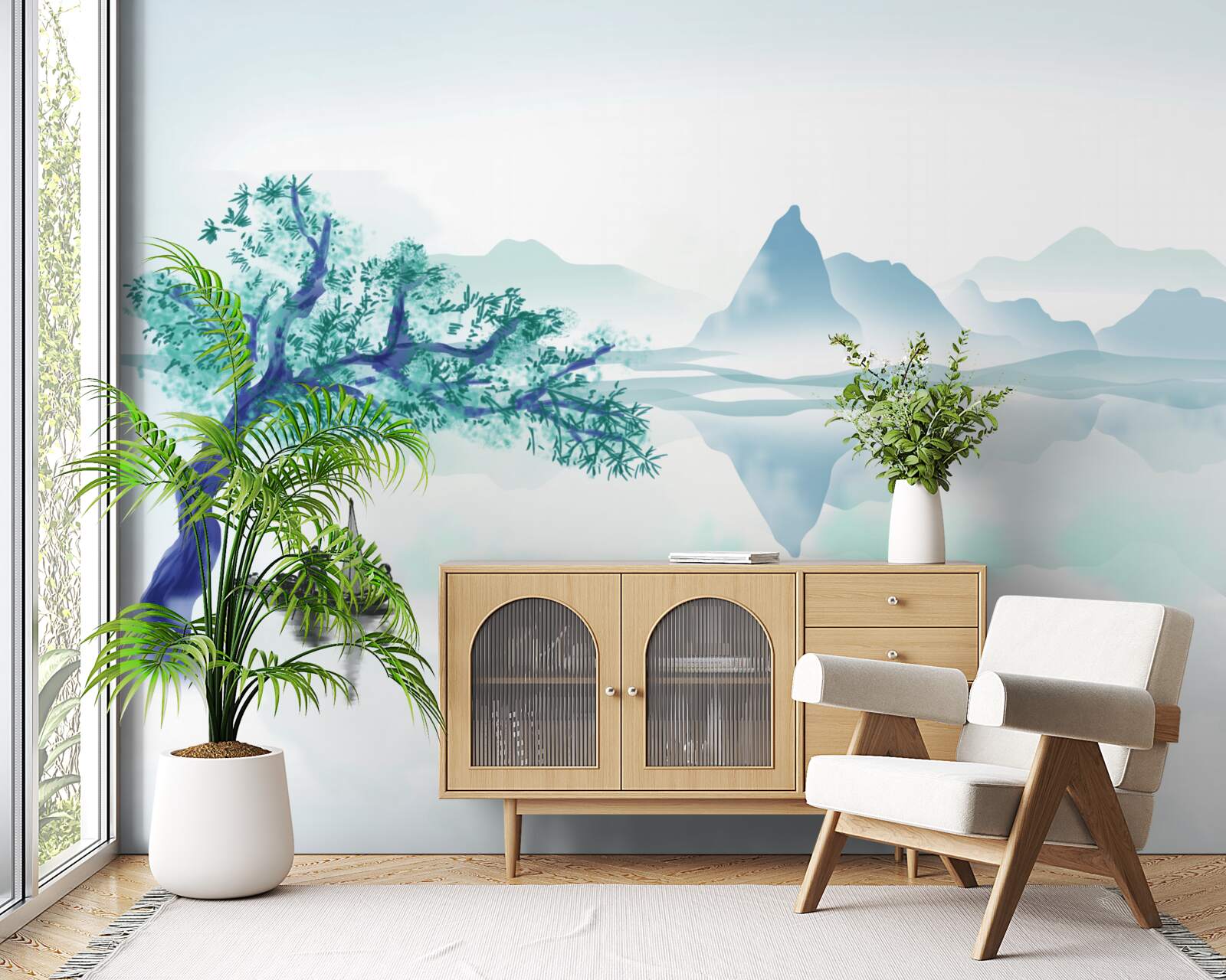 Fototapeta samotny rybak w pobliżu pnia drzewa na brzegu zbiornika