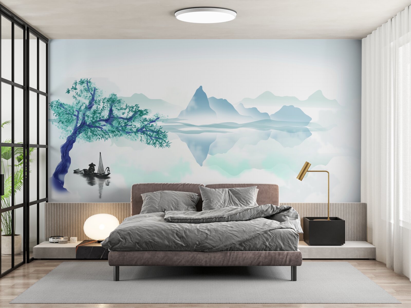 Fototapeta samotny rybak w pobliżu pnia drzewa na brzegu zbiornika