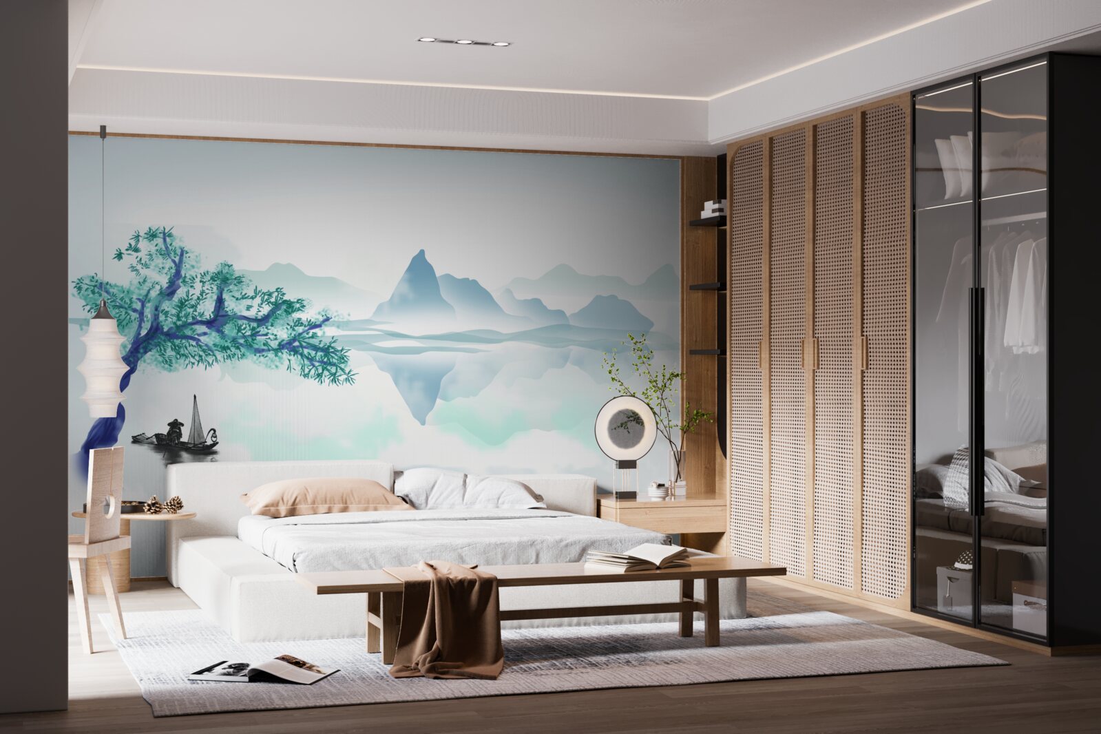 Fototapeta samotny rybak w pobliżu pnia drzewa na brzegu zbiornika