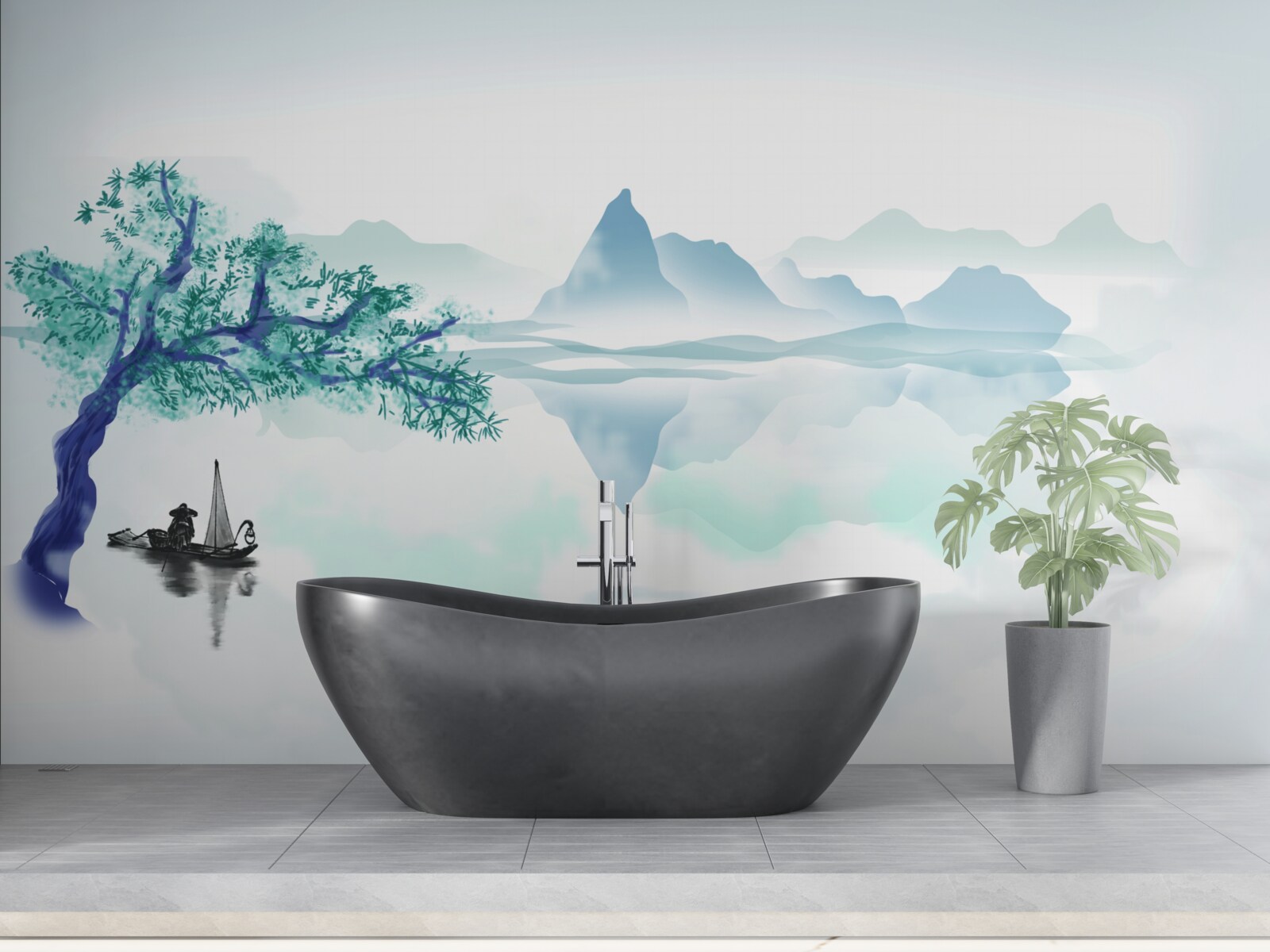 Fototapeta samotny rybak w pobliżu pnia drzewa na brzegu zbiornika