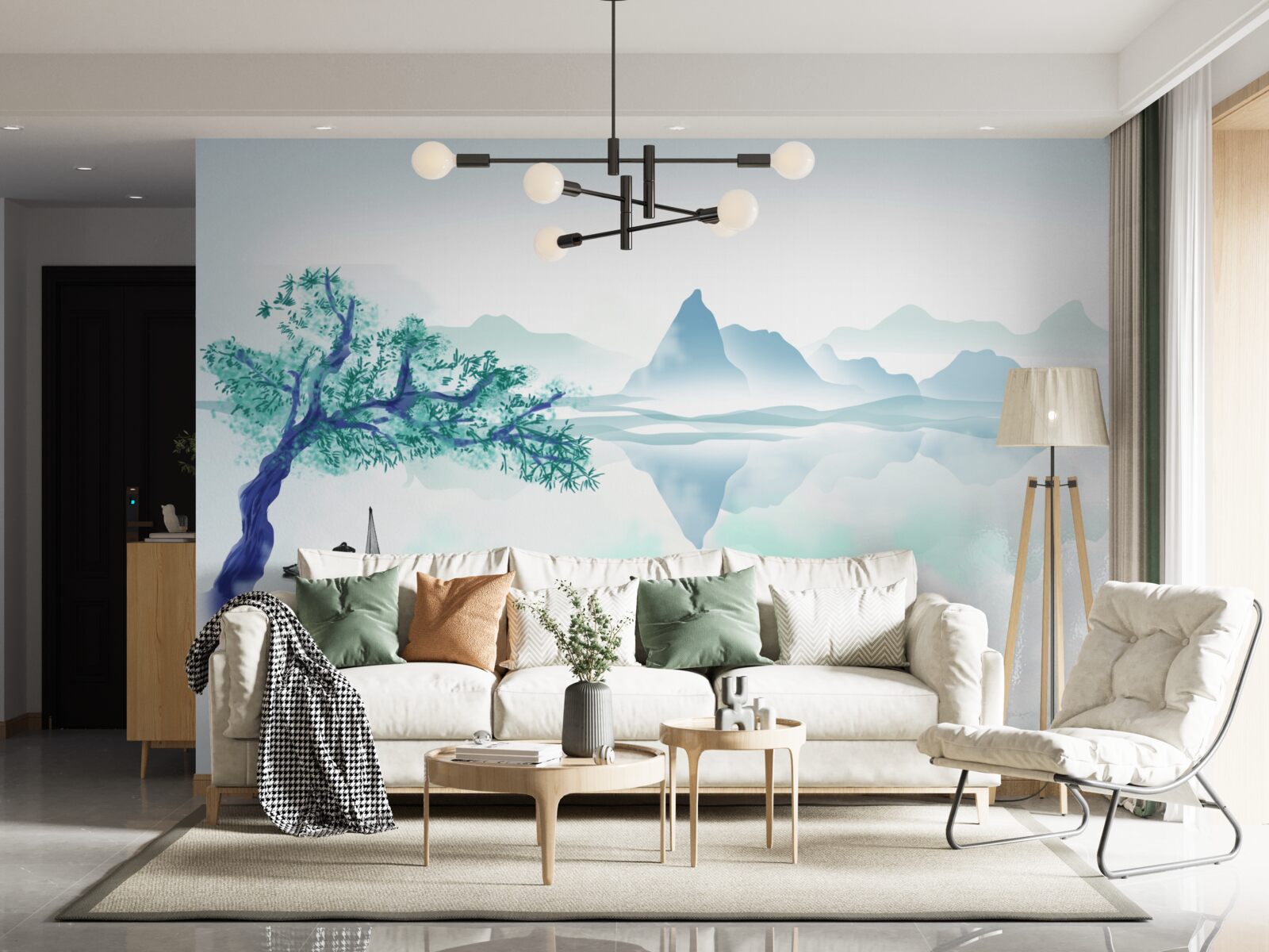 Fototapeta samotny rybak w pobliżu pnia drzewa na brzegu zbiornika