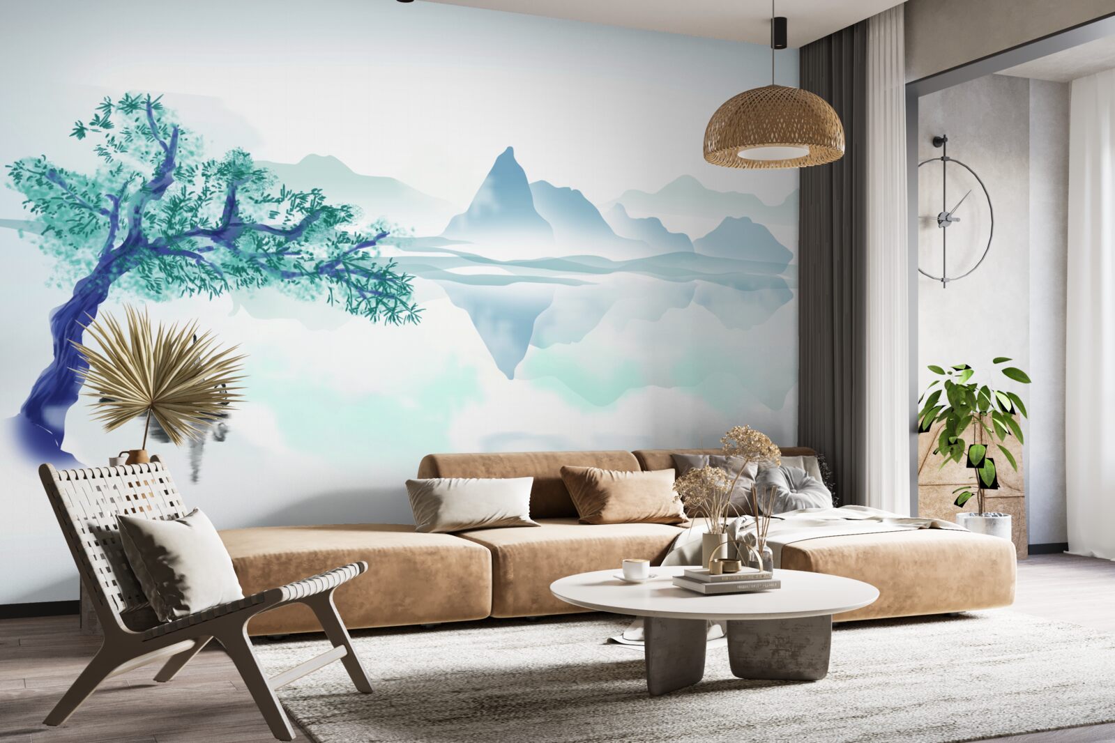 Fototapeta samotny rybak w pobliżu pnia drzewa na brzegu zbiornika