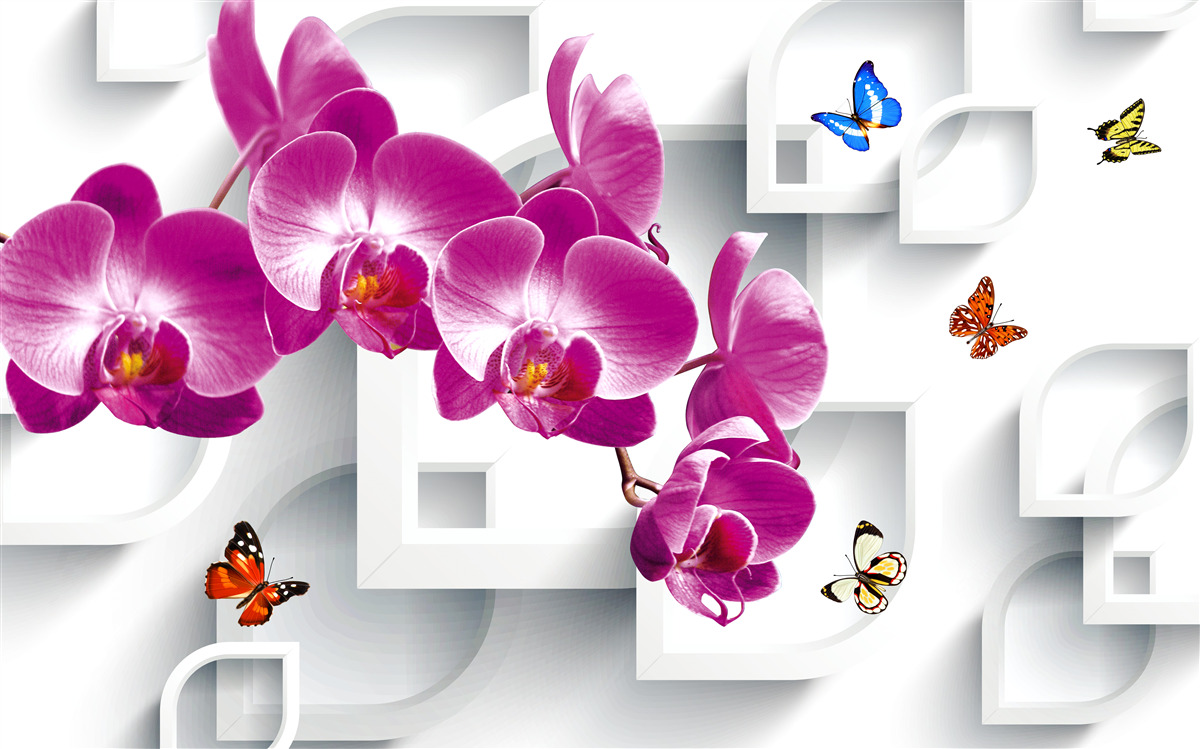 Fototapeta liliowa orchidea ozdobiona motylami