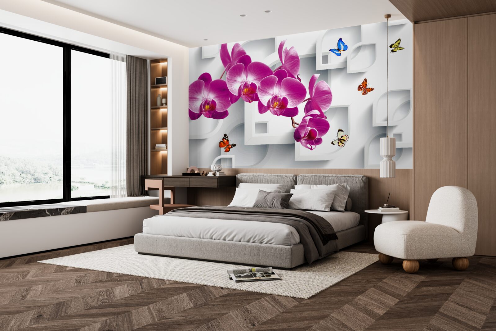 Fototapeta liliowa orchidea ozdobiona motylami