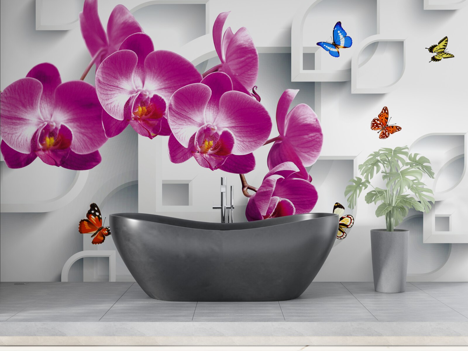 Fototapeta liliowa orchidea ozdobiona motylami