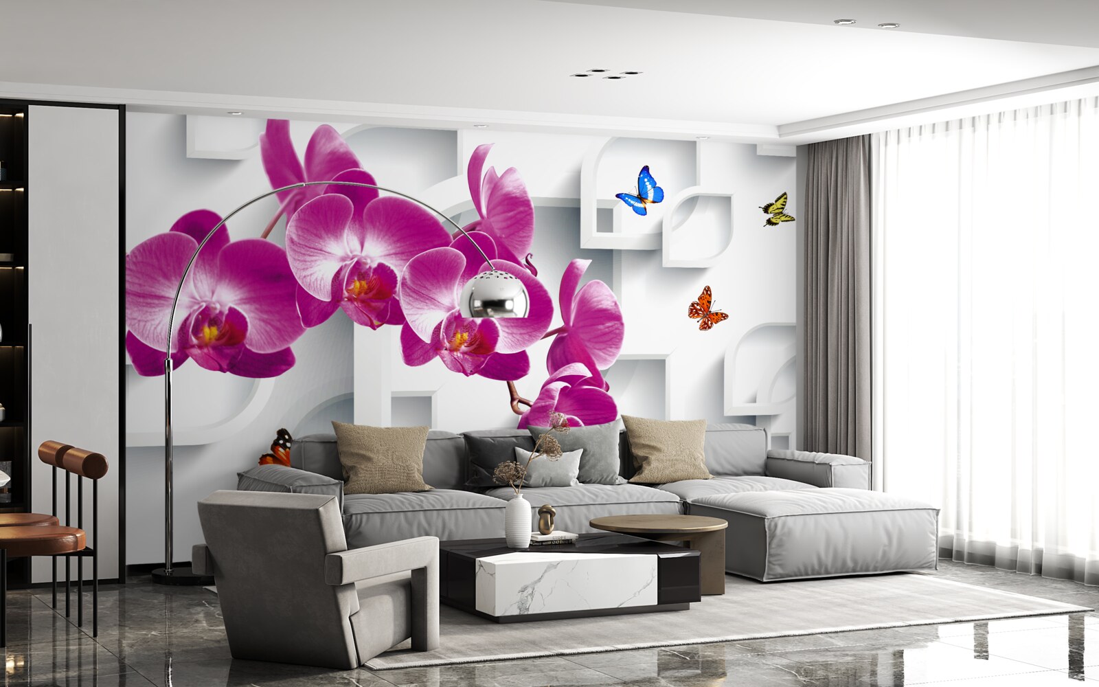 Fototapeta liliowa orchidea ozdobiona motylami