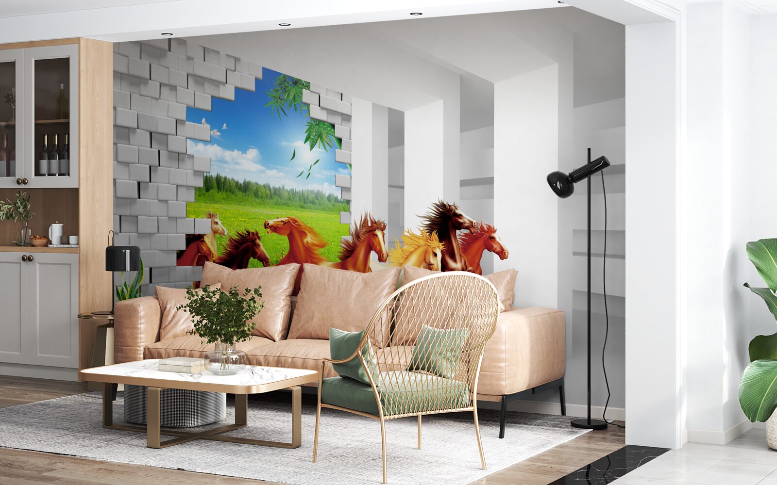 Fototapeta z łąki spieszą się przedstawiciele różnych ras koni